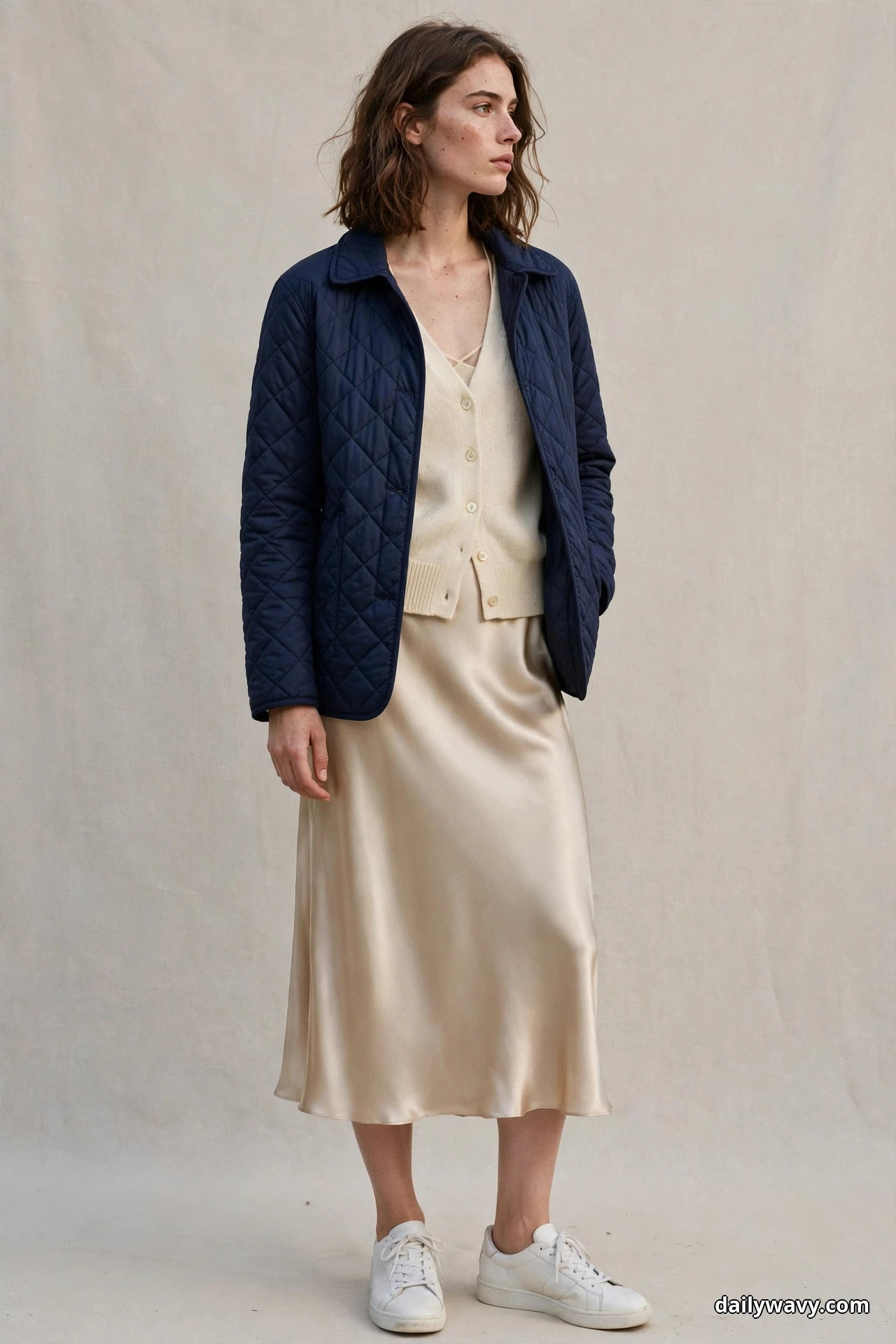 A woman wearing a navy diamond-quilted jacket over a cream buttoned cardigan with a champagne satin midi skirt and white sneakers stands full length against a plain backdrop