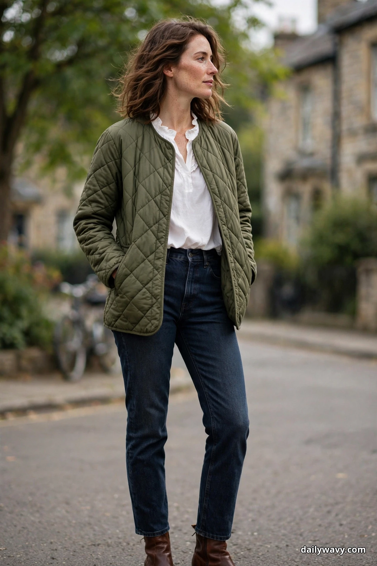 A woman wearing an olive diamond-quilted jacket over a white ruffle-neck blouse with dark-wash jeans stands on a residential street, framed to the ankles with the tops of her brown ankle boots at the bottom edge of the frame