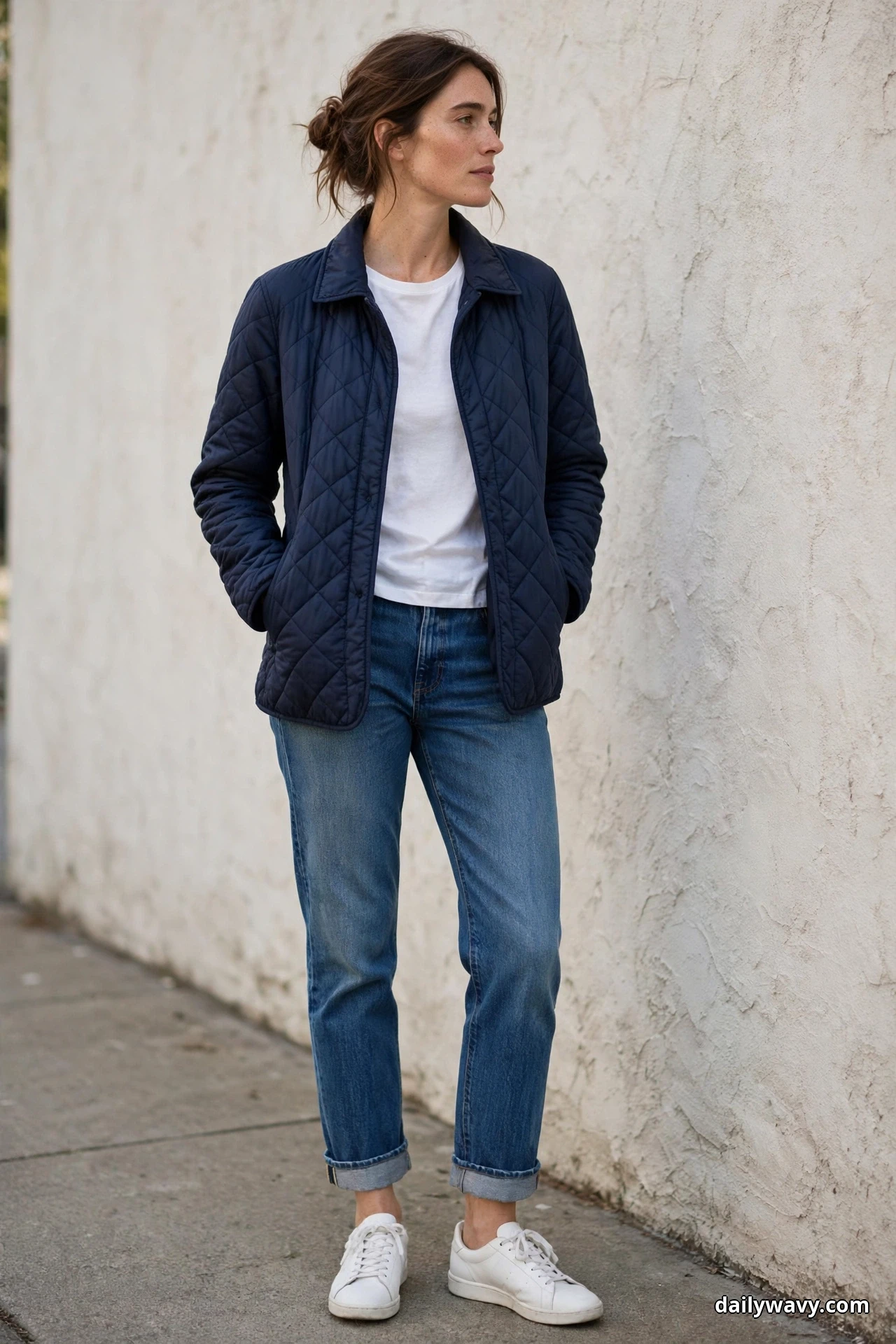 A woman wearing a navy diamond-quilted jacket over a plain white tee with straight-leg jeans rolled at the cuffs and white sneakers stands full length beside a textured wall