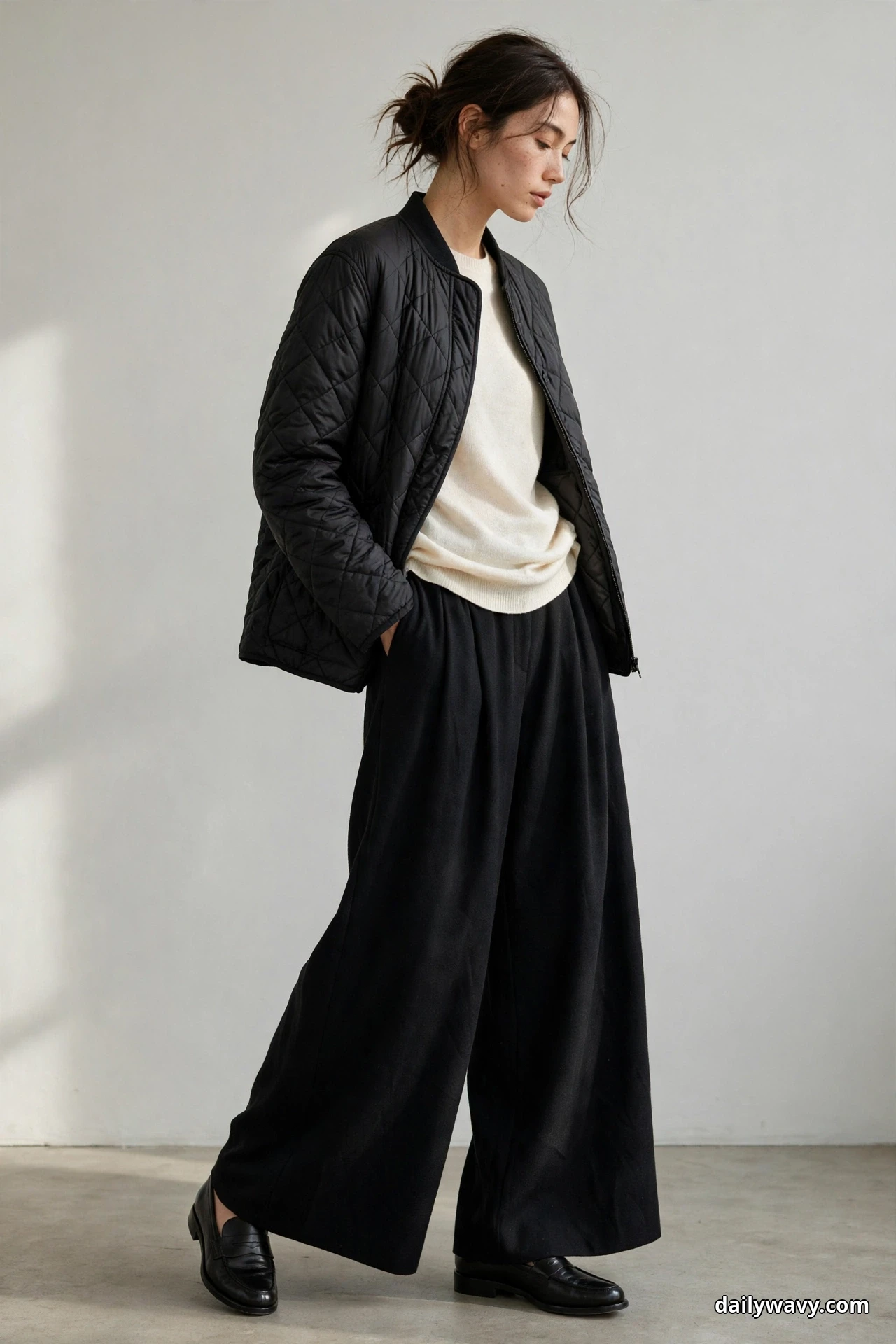 A woman wearing a black diamond-quilted jacket over a cream fine knit with black wide-leg trousers and black penny loafers stands full length in a bright studio space