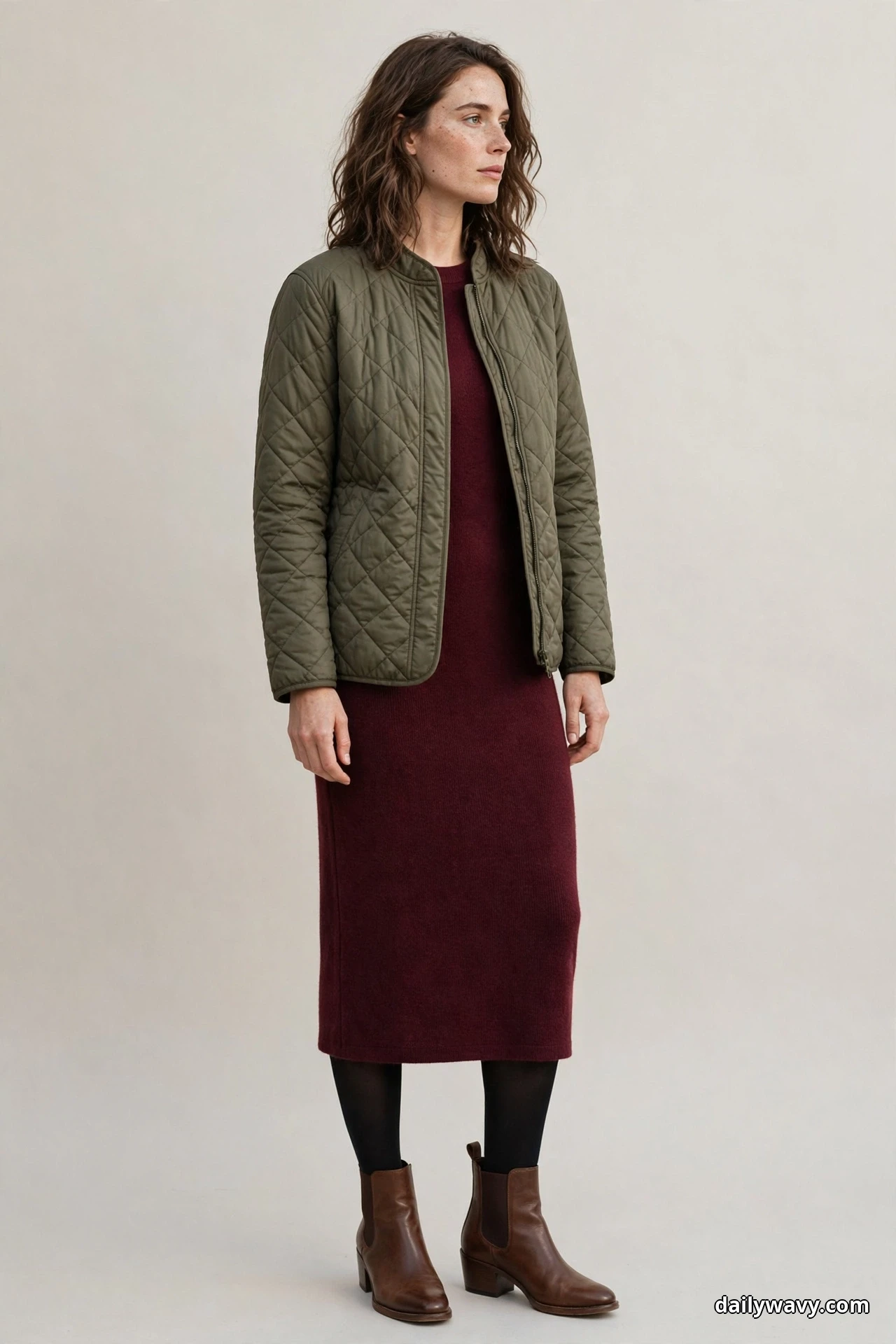 A woman wearing an olive diamond-quilted jacket over a burgundy knit midi dress with black tights and brown leather Chelsea ankle boots stands full length against a plain backdrop