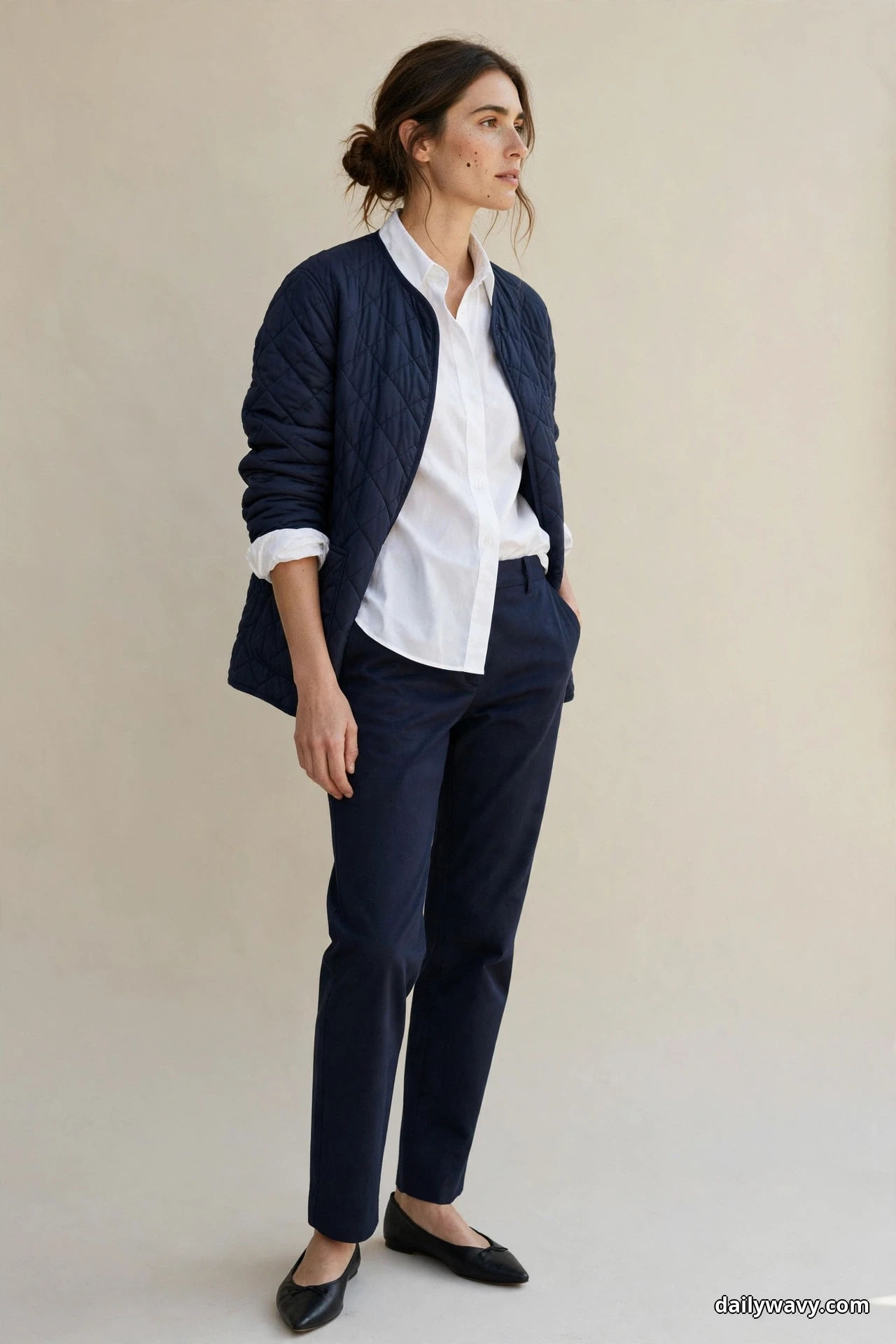 A woman wearing a navy diamond-quilted jacket over a white cotton shirt with dark navy trousers and black pointed ballet flats stands full length against a plain backdrop