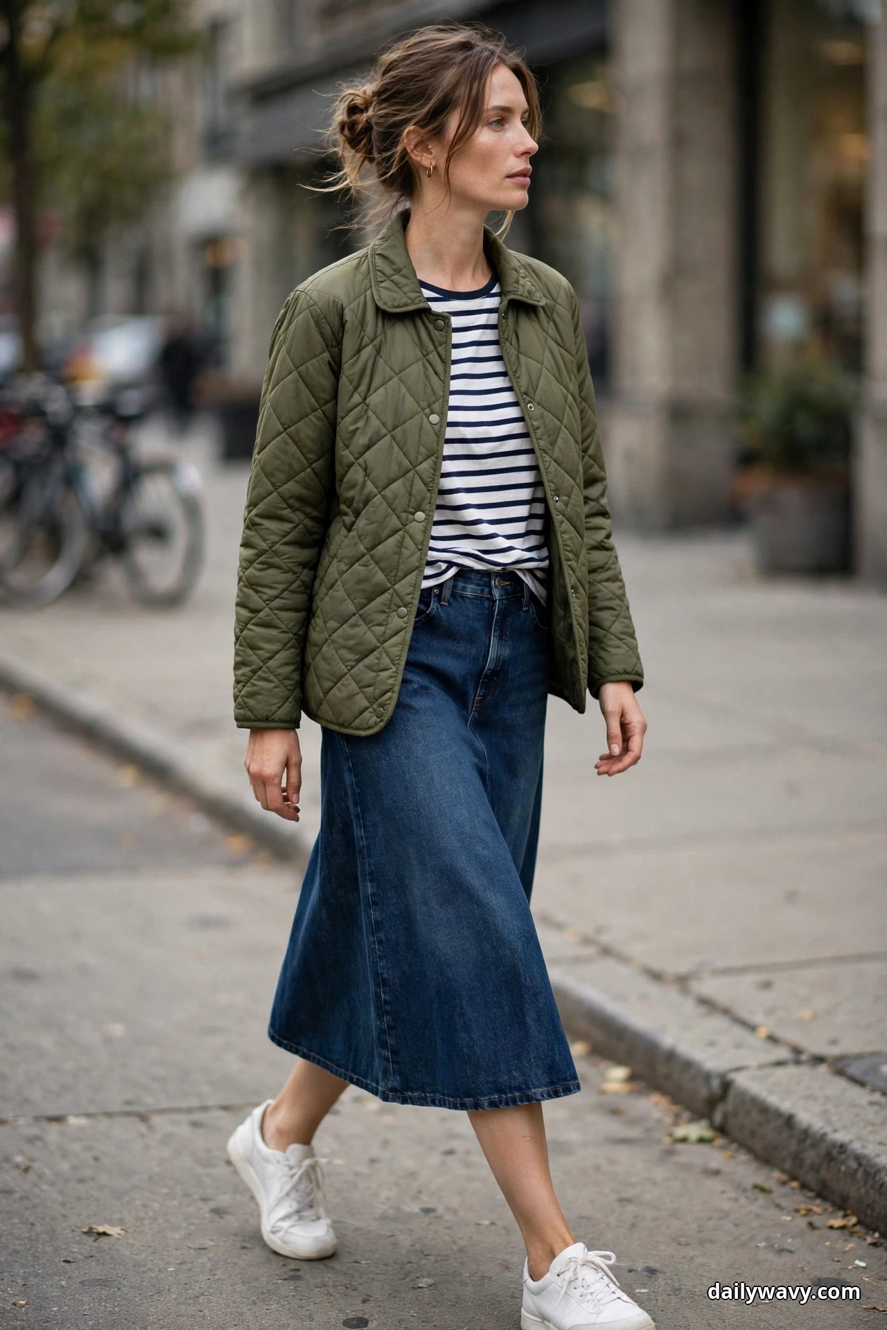 A woman wearing an olive diamond-quilted jacket over a navy and white striped tee with a dark denim midi skirt and white trainers walks along a city sidewalk, shown full length