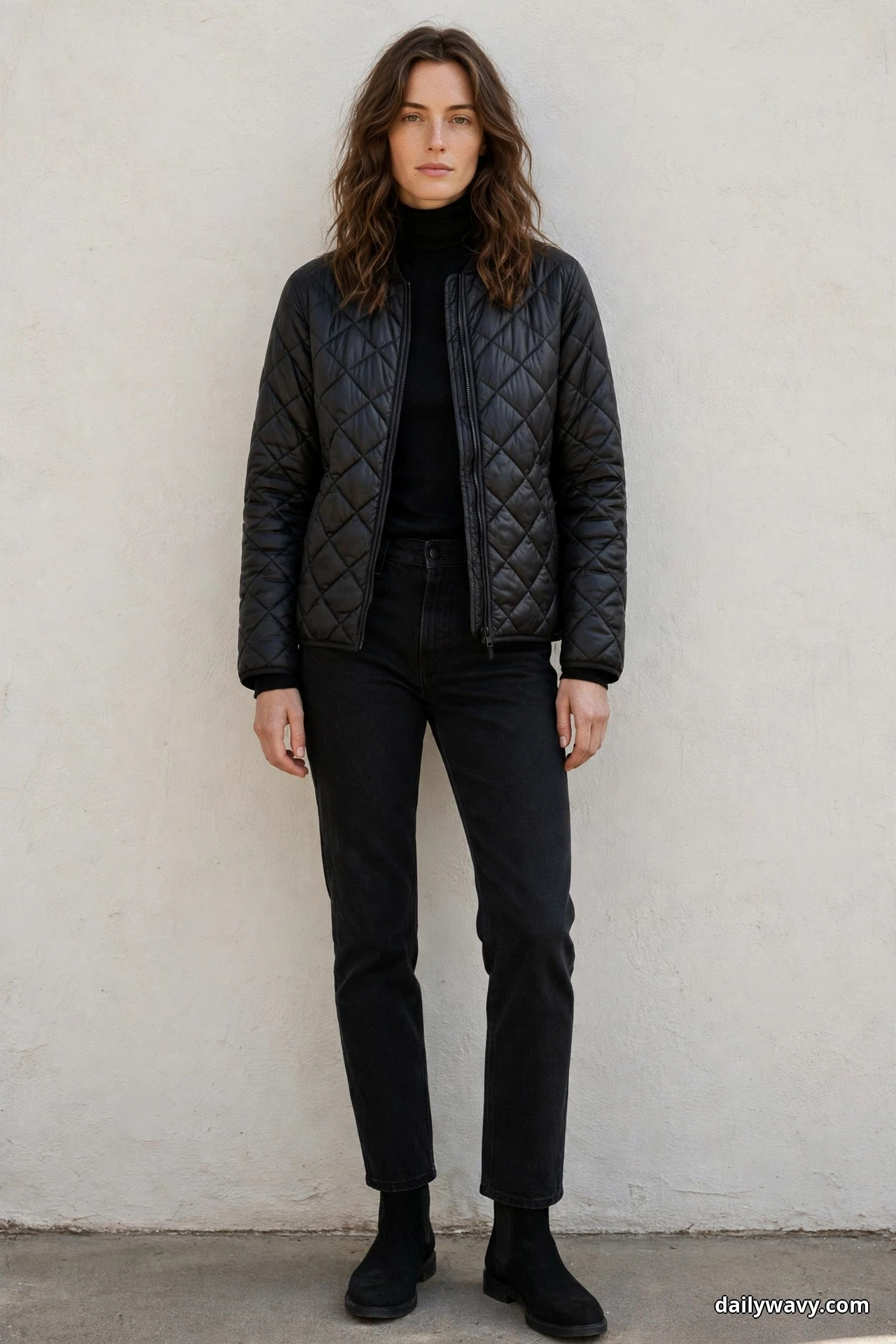 A woman wearing a black diamond-quilted jacket over a black turtleneck with black straight-leg jeans and black suede Chelsea boots stands full length against a plain wall
