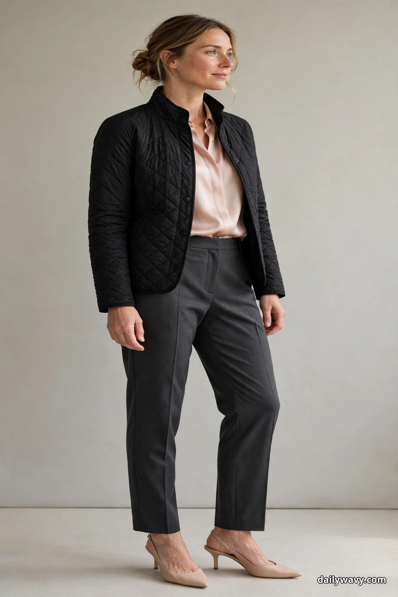 A woman wearing a black diamond-quilted jacket over a blush satin blouse with charcoal tailored pants and nude slingback heels stands full length against a plain backdrop
