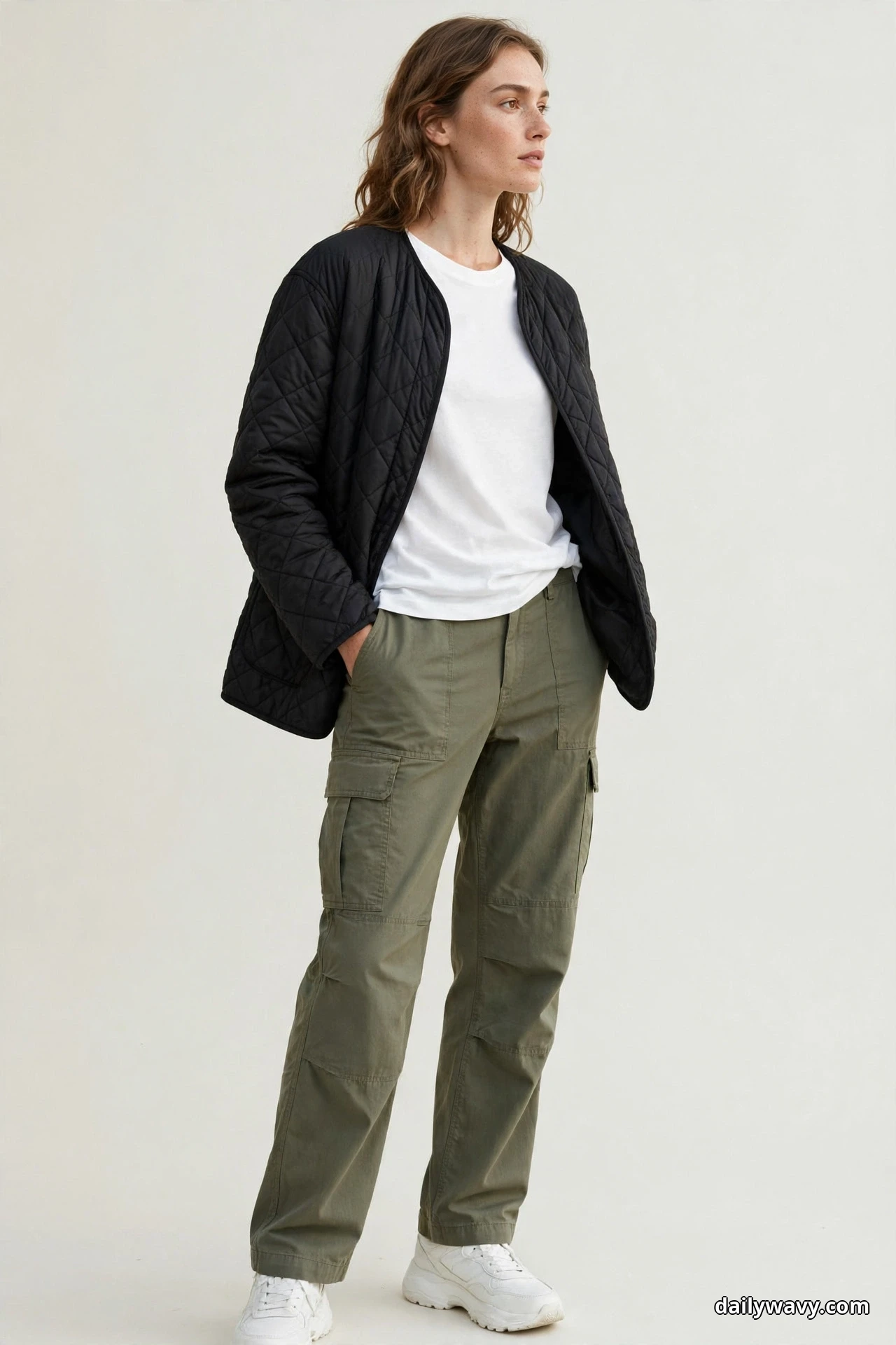A woman wearing a black diamond-quilted jacket over a white tee with olive cargo trousers and white chunky sneakers stands full length against a plain backdrop, her sneakers tight to the bottom edge of the frame
