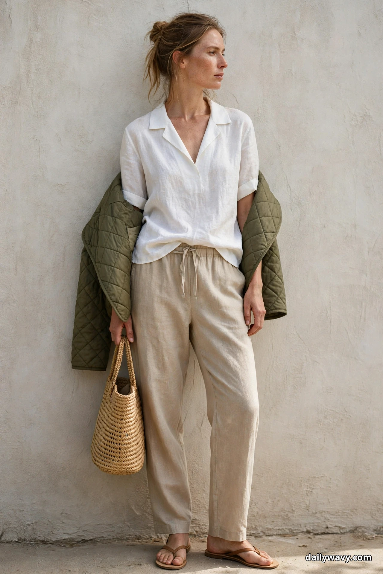 A woman wearing a white linen camp-collar top with beige drawstring trousers and brown leather sandals stands full length against a textured wall with an olive diamond-quilted jacket draped over her shoulders