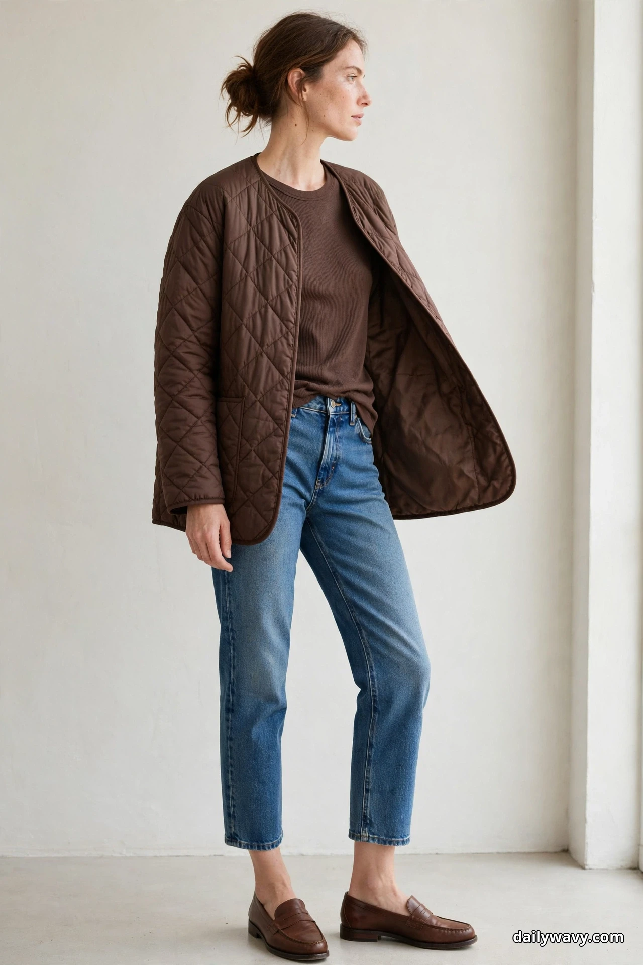 A woman wearing a chocolate-brown diamond-quilted jacket over a chocolate ribbed tee with cropped jeans and brown leather penny loafers stands full length in a bright room
