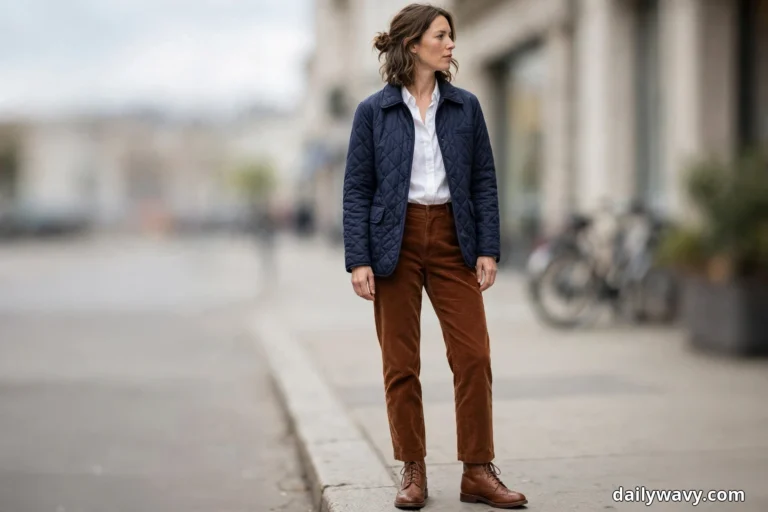 A woman wearing a navy diamond-quilted jacket over a white button-down shirt with rust-brown corduroy trousers and brown leather lace-up brogue boots stands full length on a city sidewalk, shown head to toe