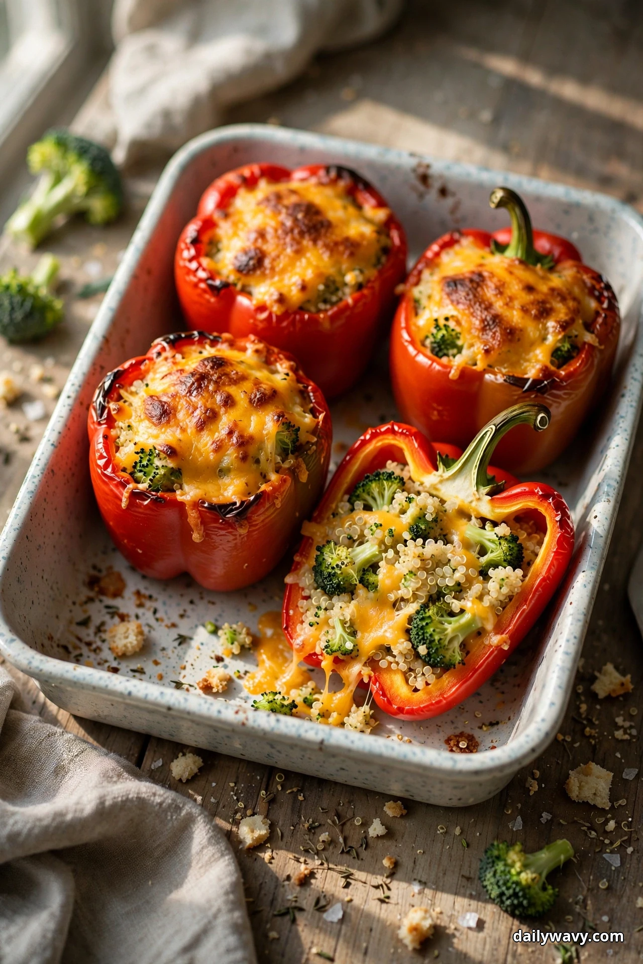 Red bell peppers stuffed with quinoa, broccoli and melted cheddar sit in a white speckled baking dish on a wooden table, one pepper halved to show the filling inside