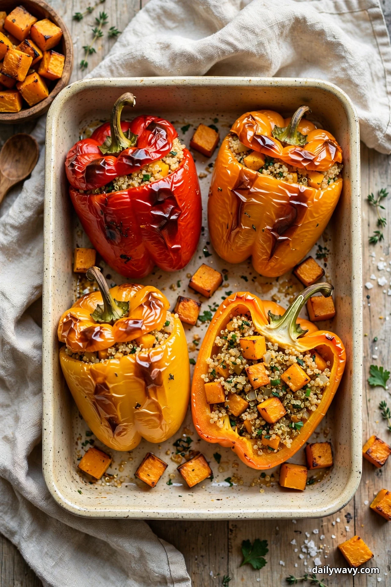 Seen from above, red, orange and yellow bell peppers filled with quinoa and roasted butternut squash cubes fill a speckled baking dish, one orange pepper halved to show the filling