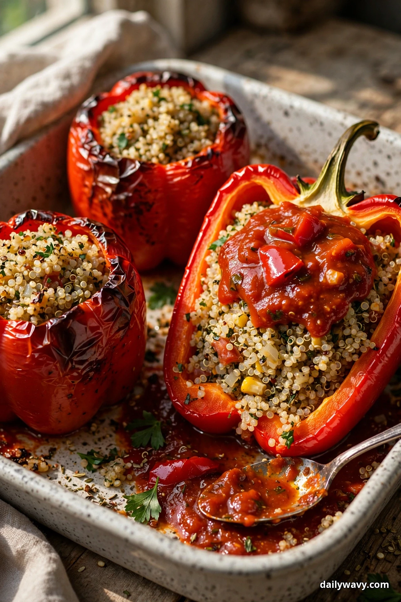 Red bell peppers stuffed with quinoa rest in a speckled baking dish, the halved pepper in front topped with a spoonful of chunky roasted red pepper sauce