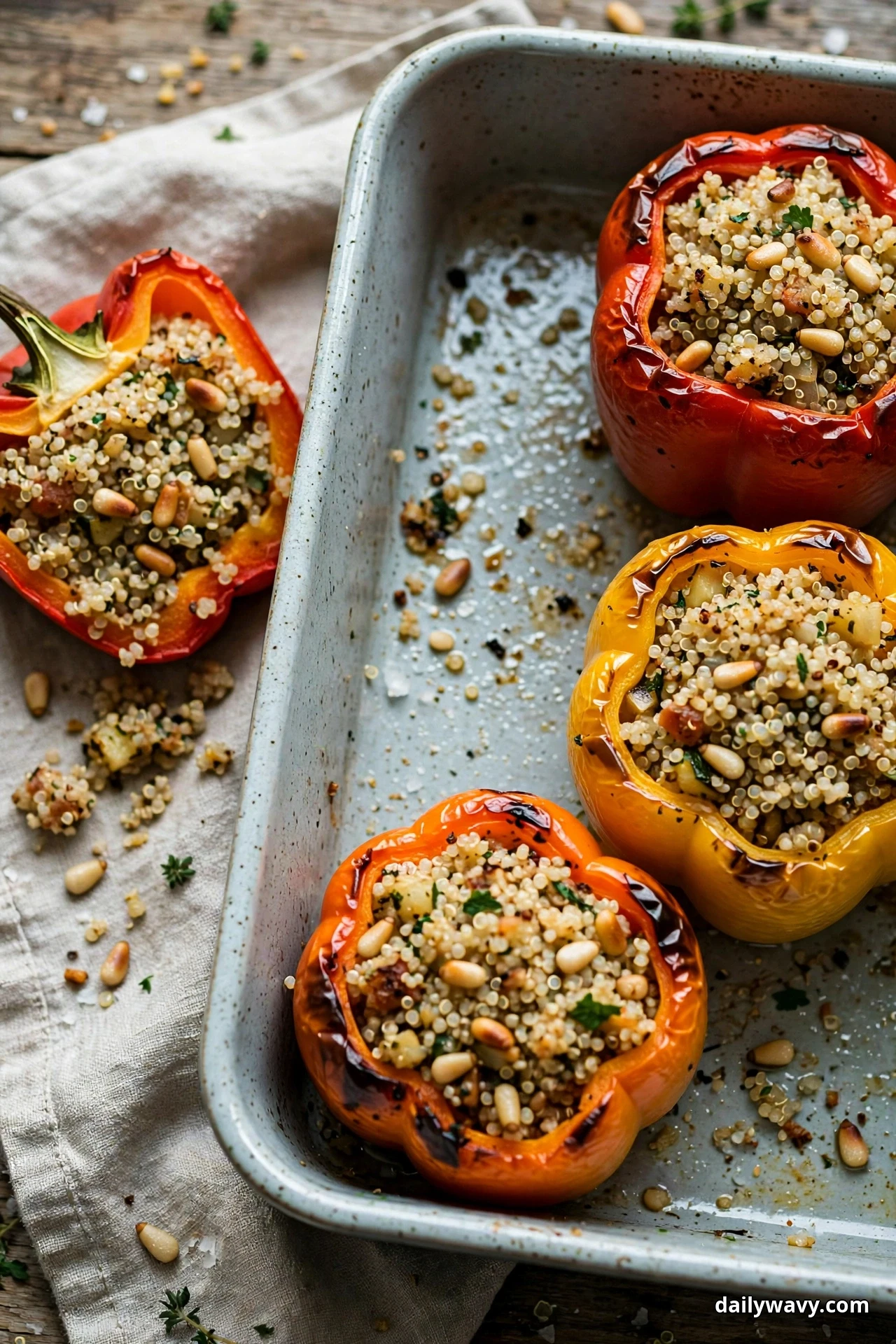 A speckled baking dish holds red, yellow and orange bell peppers stuffed with quinoa and toasted pine nuts, with one halved pepper resting on the linen beside the dish