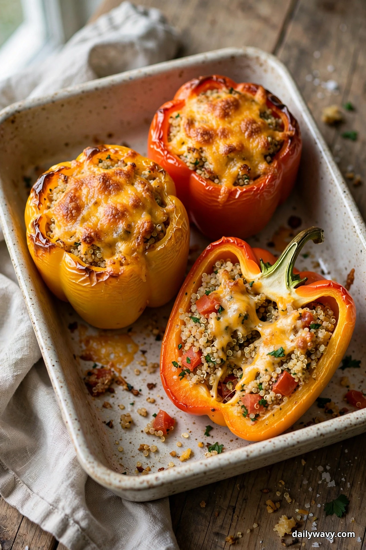 Yellow and red bell peppers stuffed with quinoa and tomato under browned cheddar caps sit in a speckled baking dish, one pepper halved to show the tomato and cheddar filling