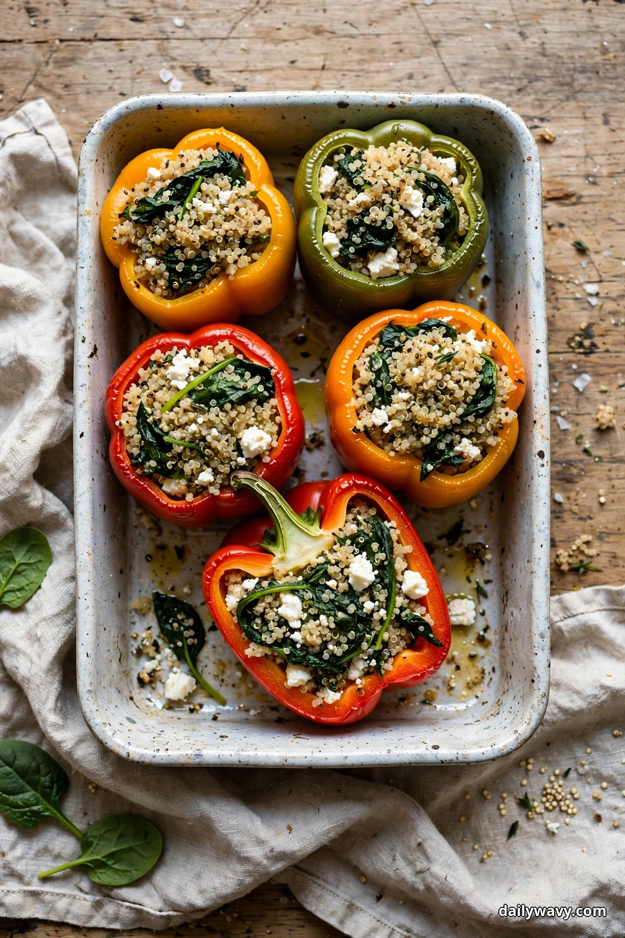 Seen from above, yellow, green, red and orange bell peppers filled with quinoa, wilted spinach and crumbled feta fill a speckled baking dish on linen, one red pepper halved at the front
