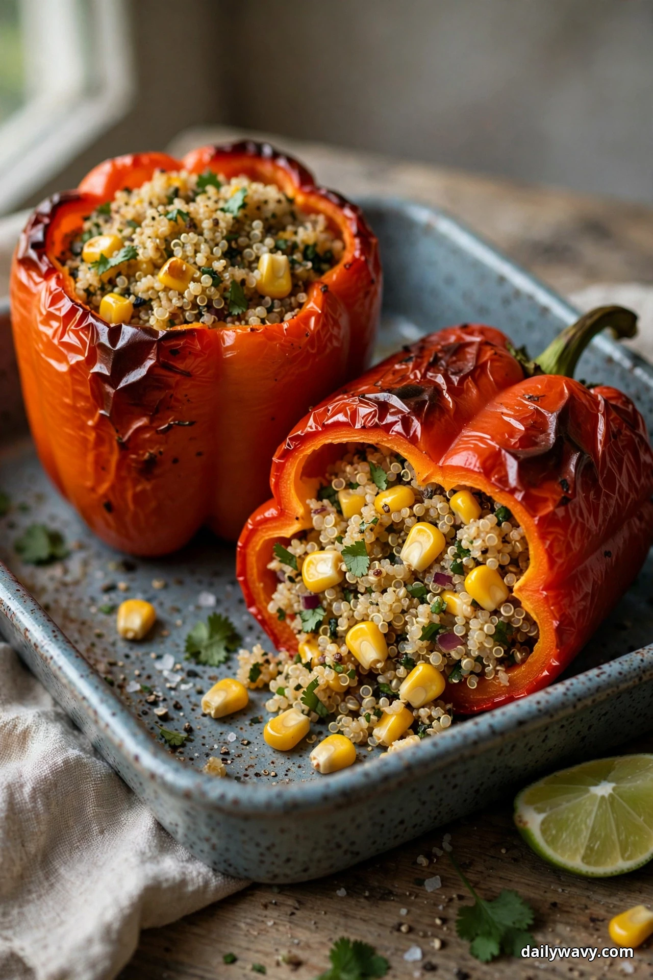 Two red bell peppers stuffed with quinoa, corn kernels and cilantro sit in a blue-gray baking dish, one halved with the filling spilling out and a lime half on the table beside the dish