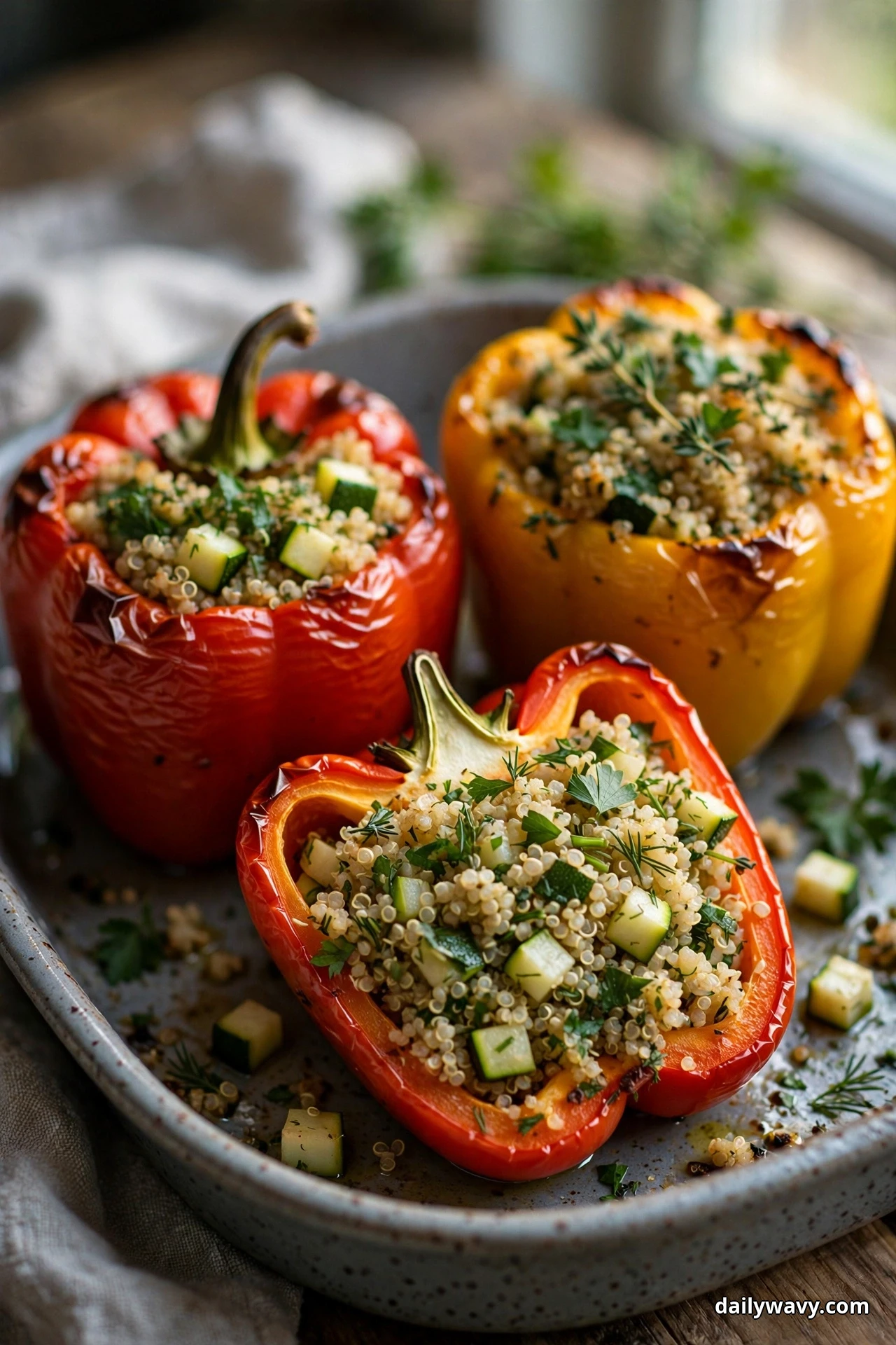 Red and yellow bell peppers stuffed with quinoa, diced zucchini and chopped herbs rest in a speckled dish, one red pepper halved at the front to show the filling
