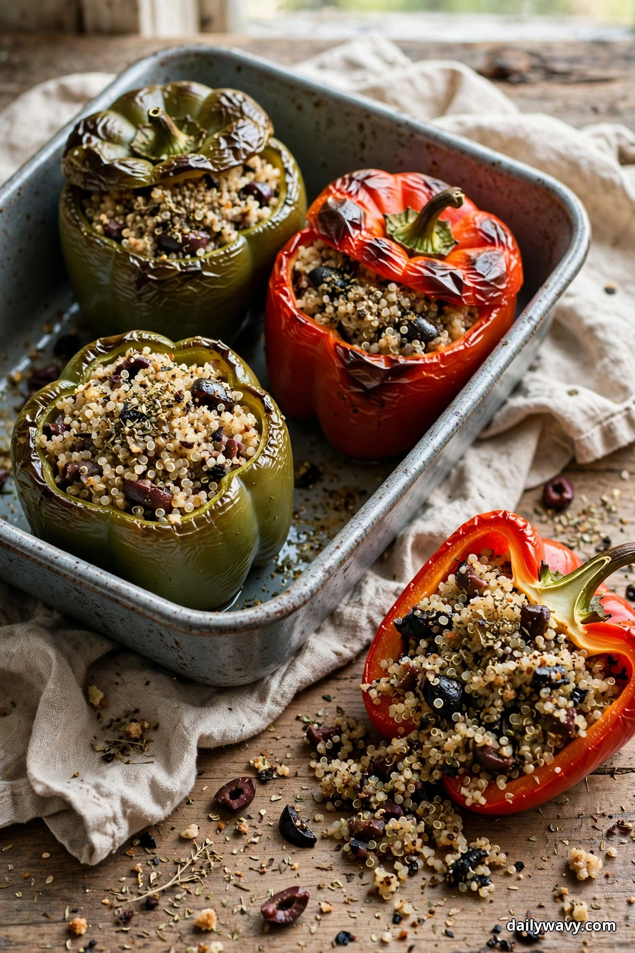 Green and red bell peppers stuffed with quinoa and chopped Kalamata olives sit in a speckled baking dish, with one halved red pepper resting on the wooden table beside it