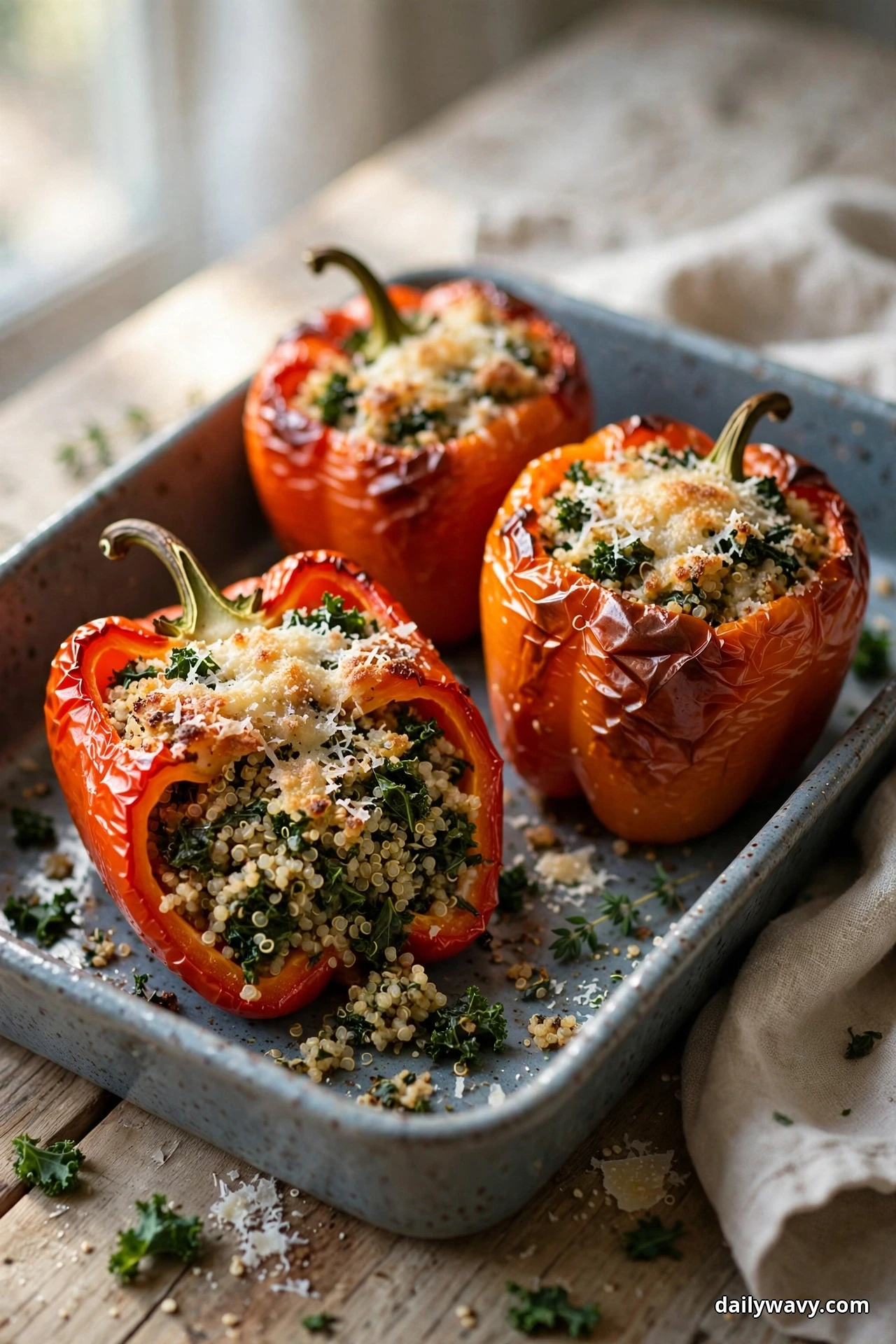 Red and orange bell peppers stuffed with quinoa and kale under browned Parmesan tops sit in a blue-gray baking dish, one pepper halved to show the kale filling inside