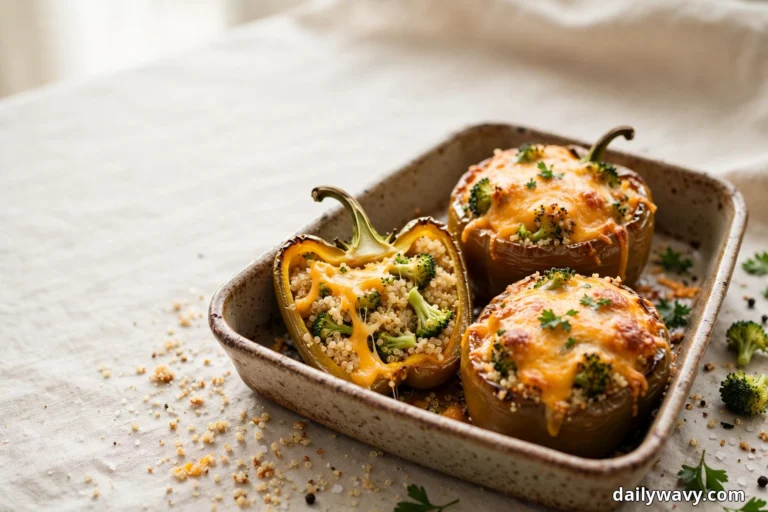 A speckled baking dish on a linen cloth holds three quinoa stuffed peppers topped with melted cheddar and broccoli florets, the front pepper halved to show the quinoa and broccoli filling