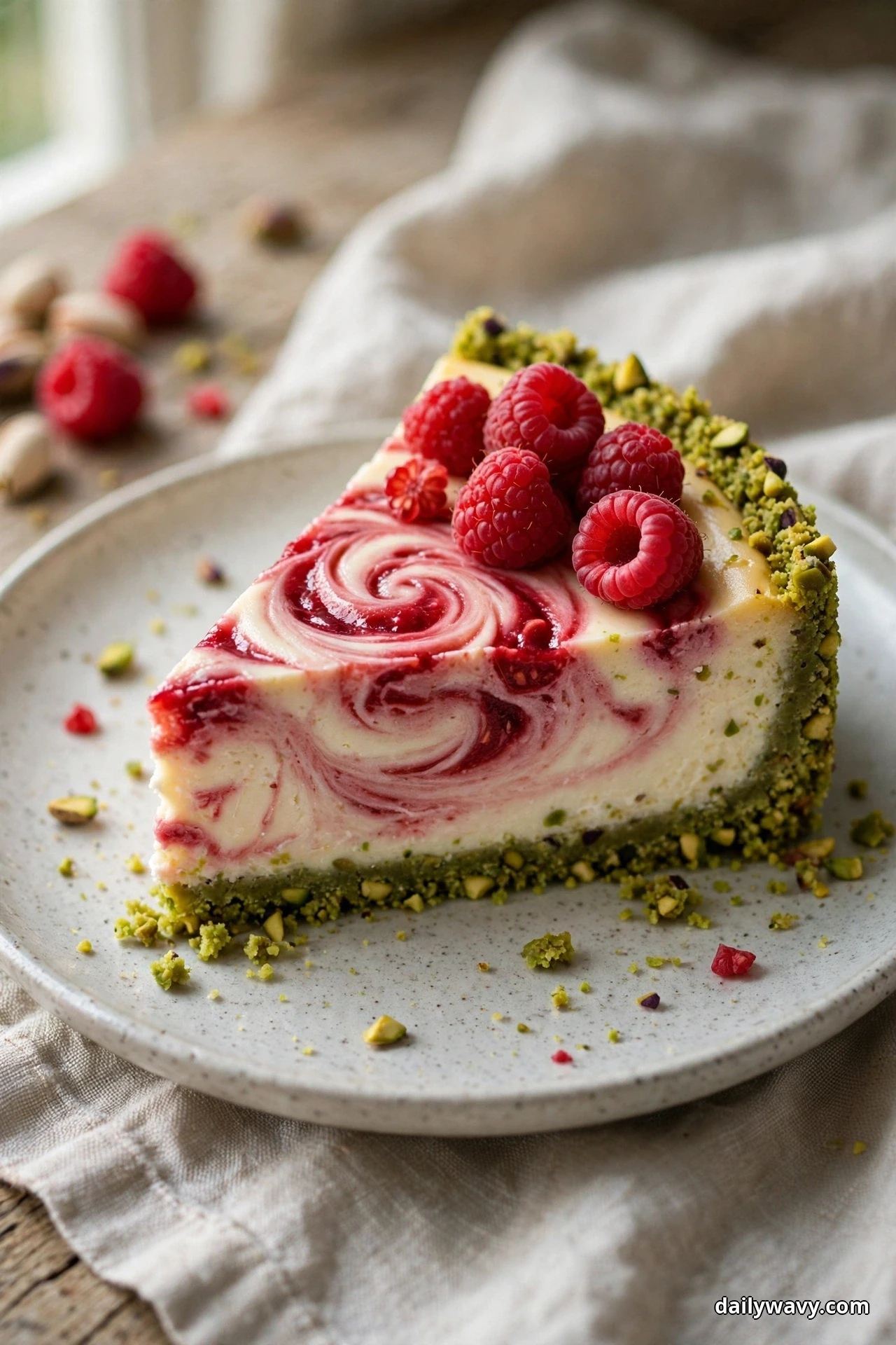 A slice of raspberry swirl cheesecake with a green pistachio crust up the side and fresh raspberries on top sits on a speckled plate