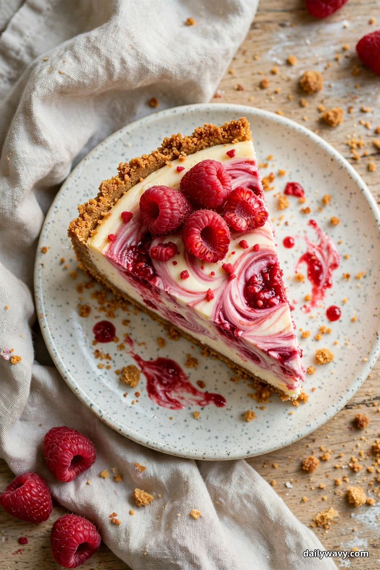 A slice of raspberry swirl cheesecake with a warm brown crumb crust and fresh raspberries on top sits on a speckled plate seen from above