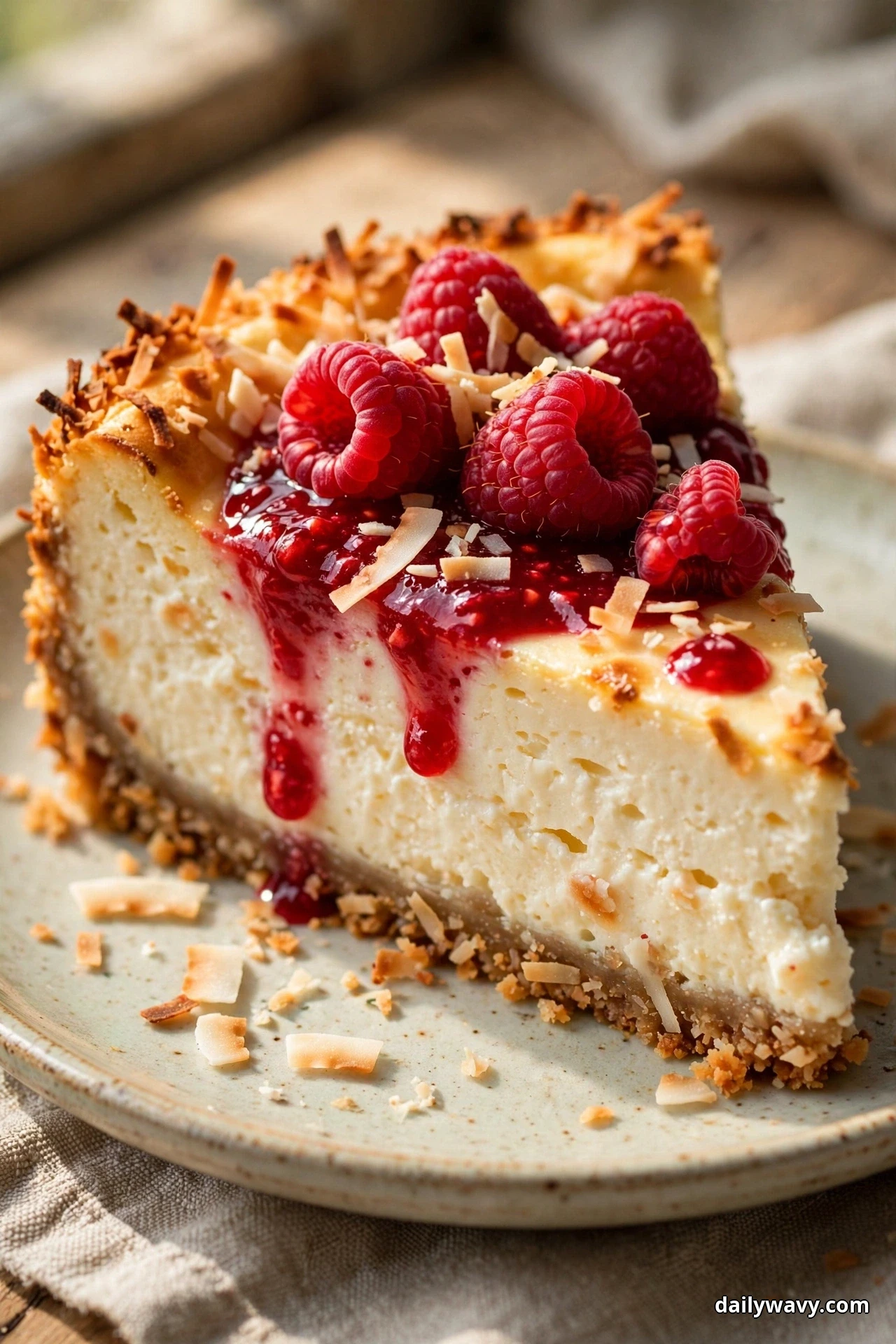 A tall slice of cheesecake with toasted coconut flakes on top and raspberry sauce dripping over fresh raspberries sits on a plate above its crumb base