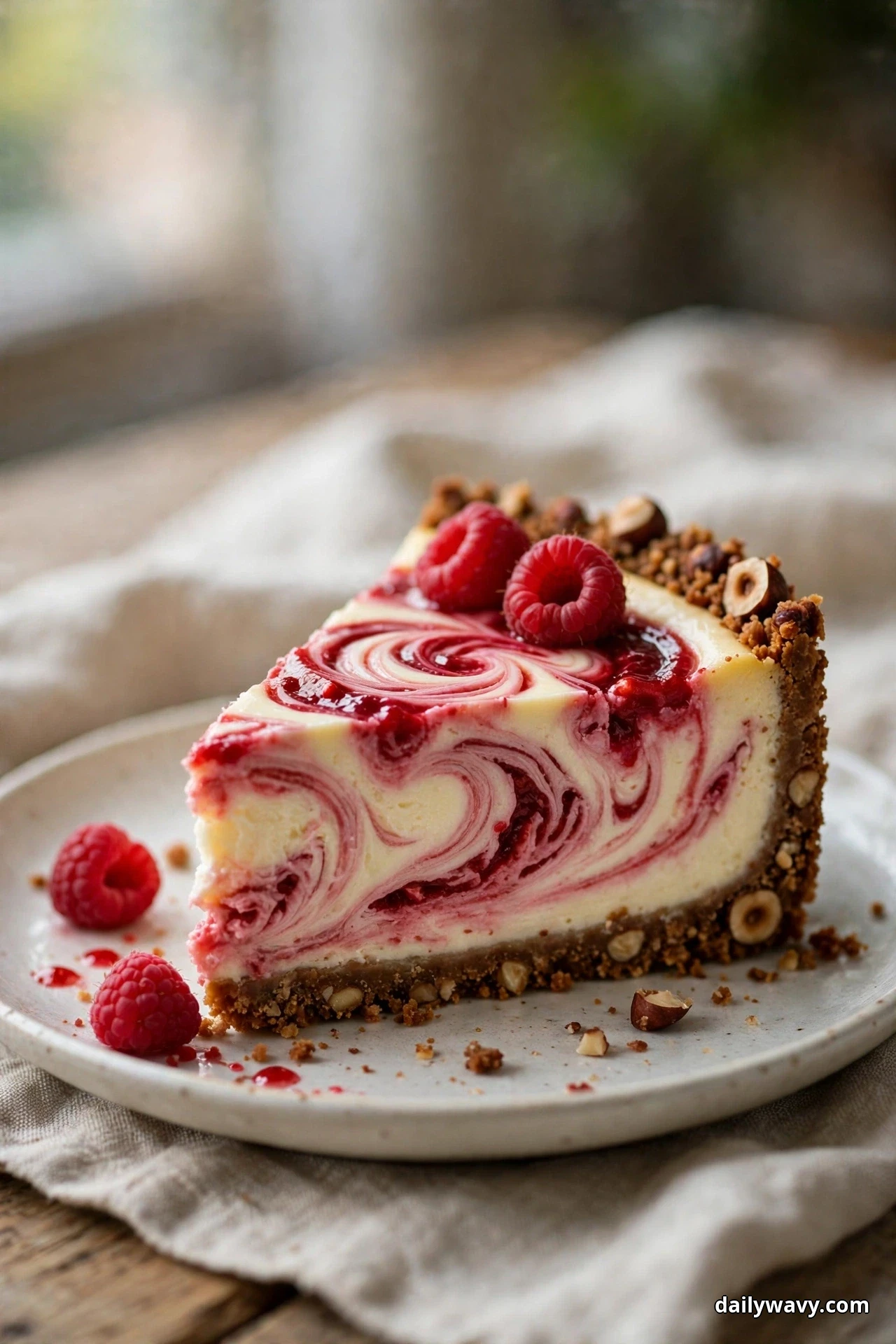A slice of raspberry swirl cheesecake with a dark hazelnut crumb crust and fresh raspberries on top sits on a plate with whole hazelnuts beside it