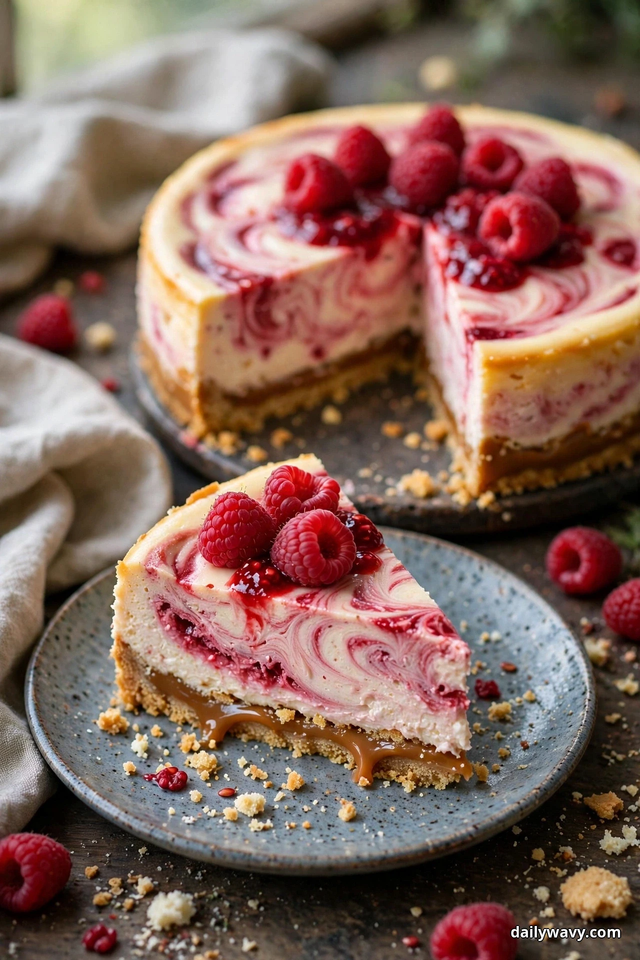 A whole raspberry swirl cheesecake with one slice cut stands behind the served slice on a small plate, showing a caramel layer at the base of the slice