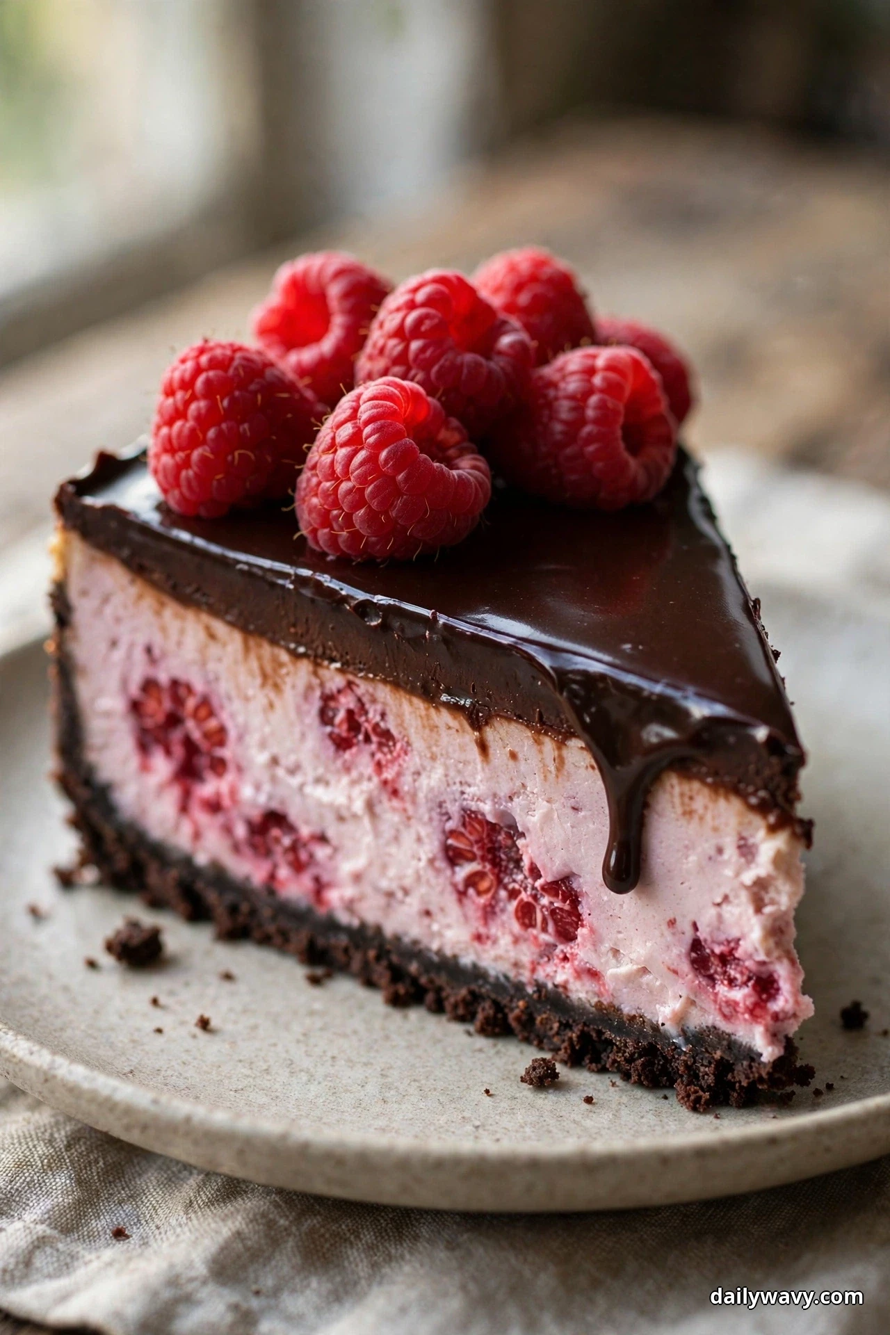 A slice of pink raspberry cheesecake with a dark chocolate cookie crust and a glossy chocolate ganache cap sits under a pile of fresh raspberries