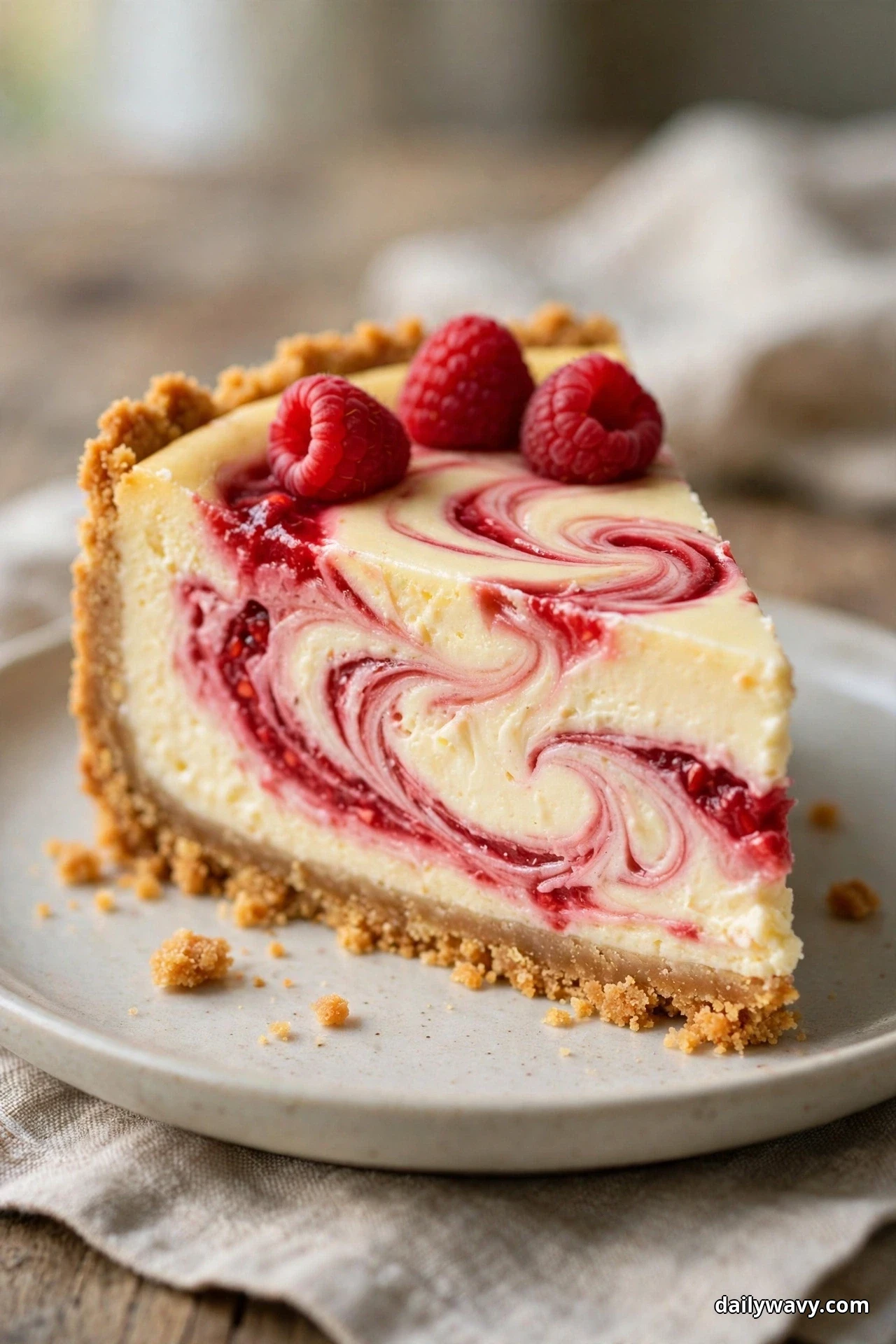 A slice of raspberry swirl cheesecake with a golden biscuit crumb crust and three fresh raspberries on top sits on a plate
