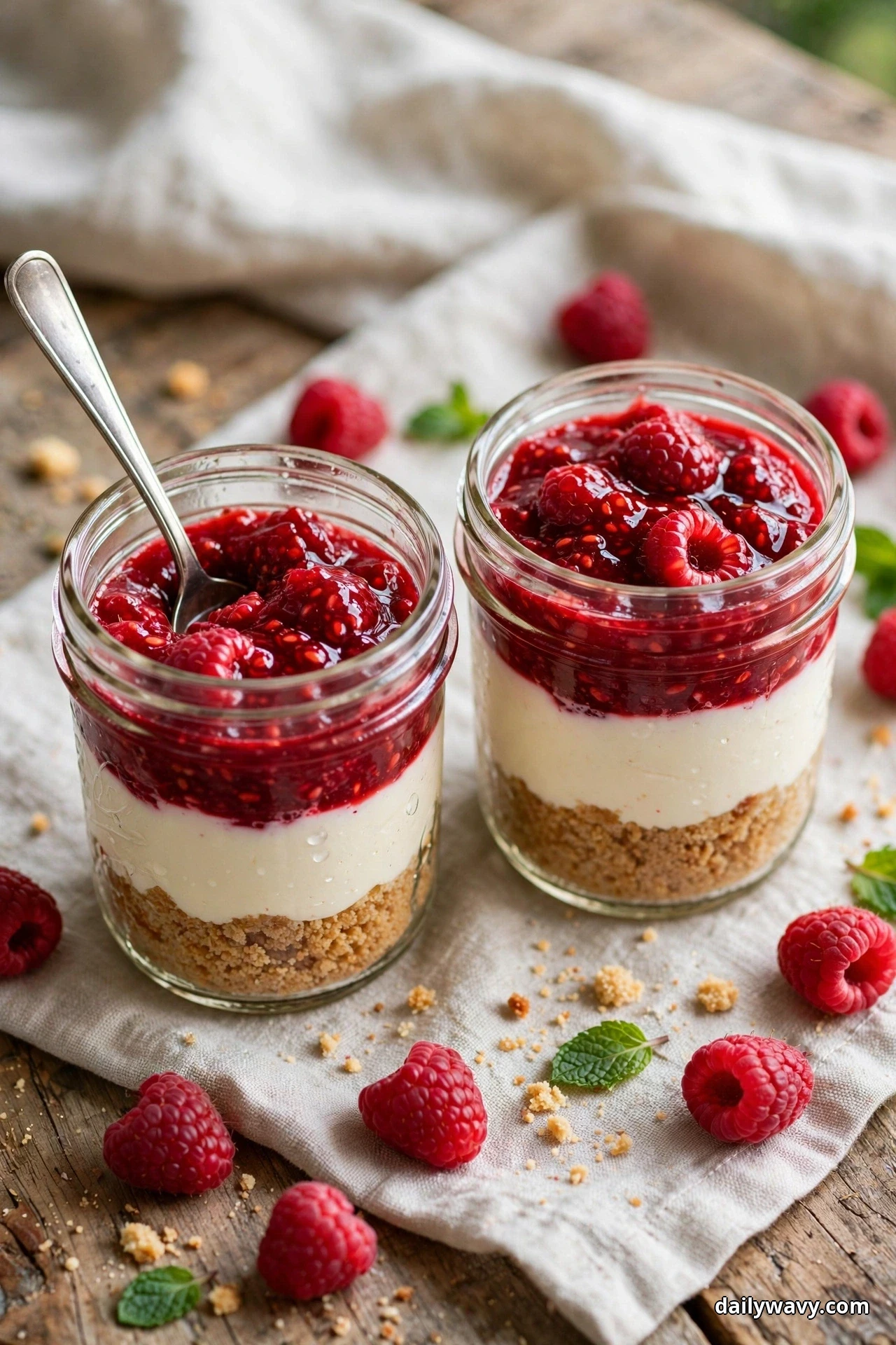 Two glass jars layered with biscuit crumb, white cheesecake filling and raspberry compote stand on a cloth with a spoon in one jar