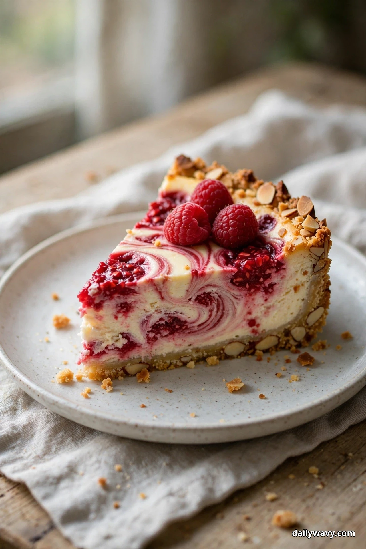 A slice of raspberry swirl cheesecake with a pale crumb crust and chopped almonds along the top edge sits on a plate with fresh raspberries