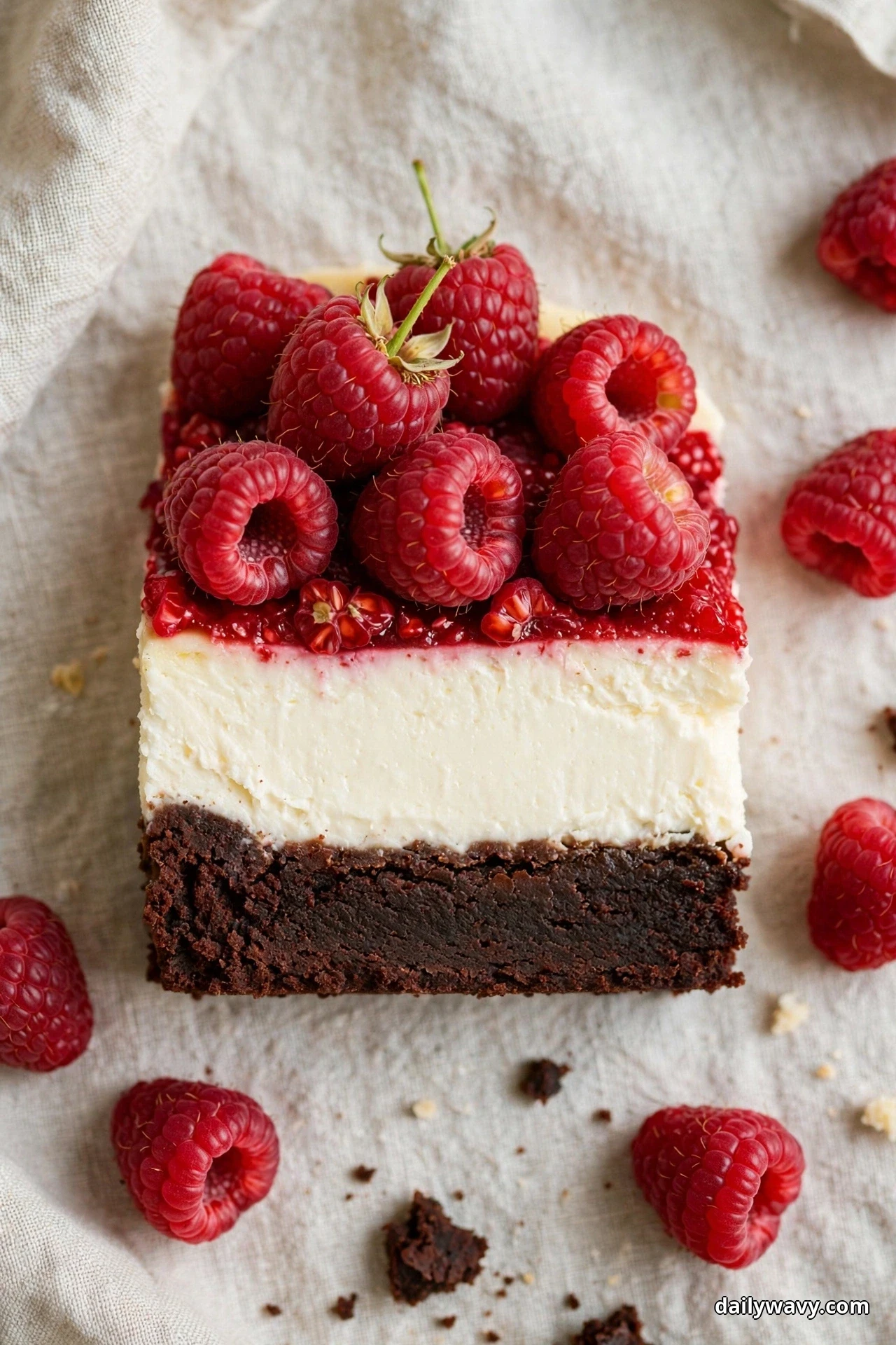 A rectangular slice of cheesecake with a thick dark brownie base and a raspberry compote layer sits under a pile of fresh raspberries