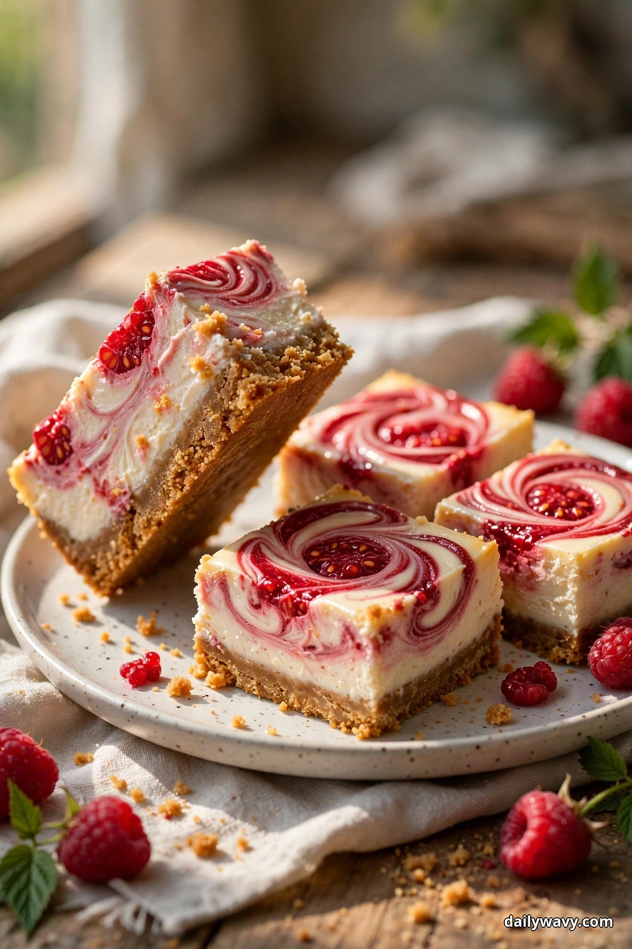 Square cheesecake bars with raspberry swirl tops and graham crumb bases are arranged on a plate, one bar propped up to show its layers