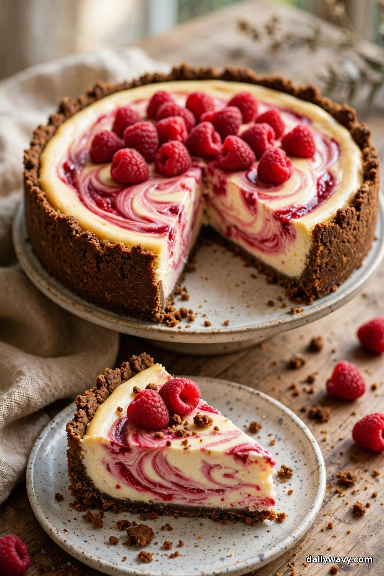 A whole raspberry swirl cheesecake with a dark brown crumb crust stands with one slice cut and plated in front of it
