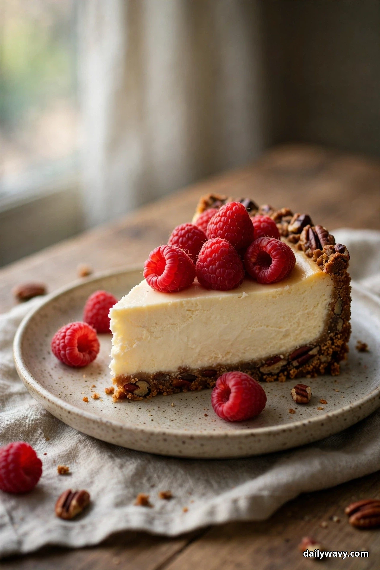 A slice of plain cheesecake with a dark pecan crumb crust and fresh raspberries on top sits on a plate with pecans scattered around it
