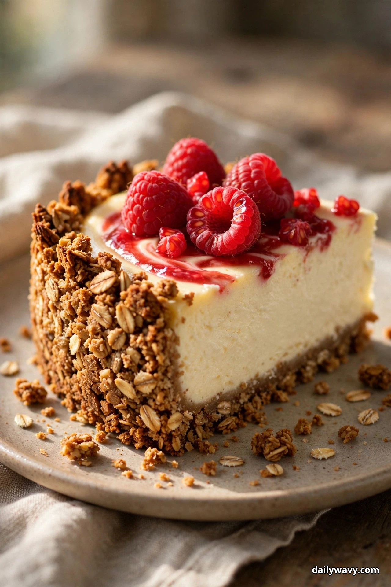 A slice of cheesecake with a coarse toasted oat crust coating its side and fresh raspberries and raspberry sauce on top sits on a plate
