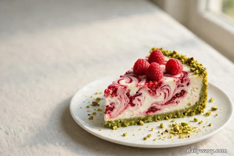 A slice of raspberry swirl cheesecake with a green pistachio crust and fresh raspberries on top sits on a white plate beside a bright window