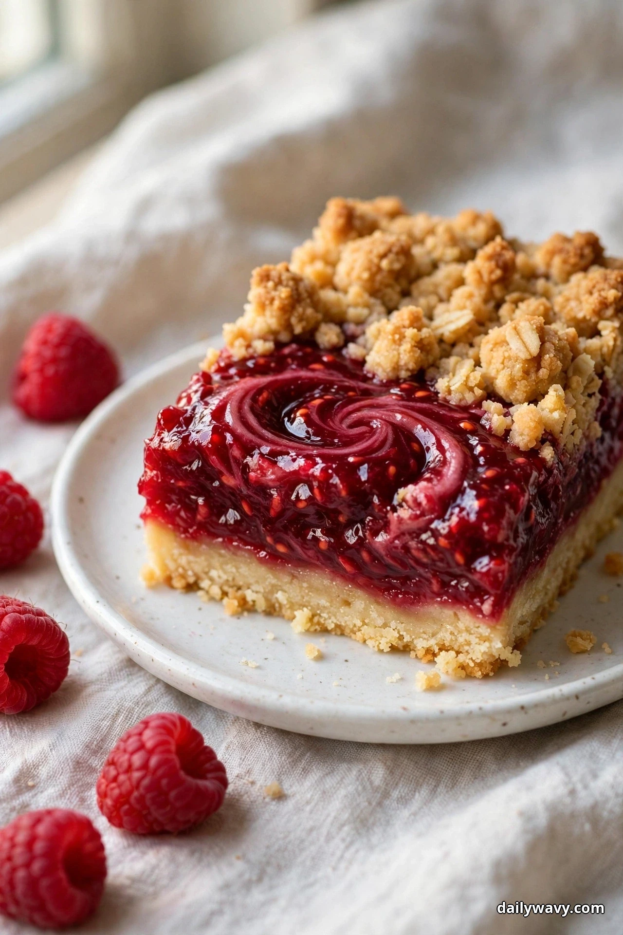A closer view shows a single raspberry crumble bar on a small white plate, its glossy filling swirled into a spiral beside the golden oat crumble