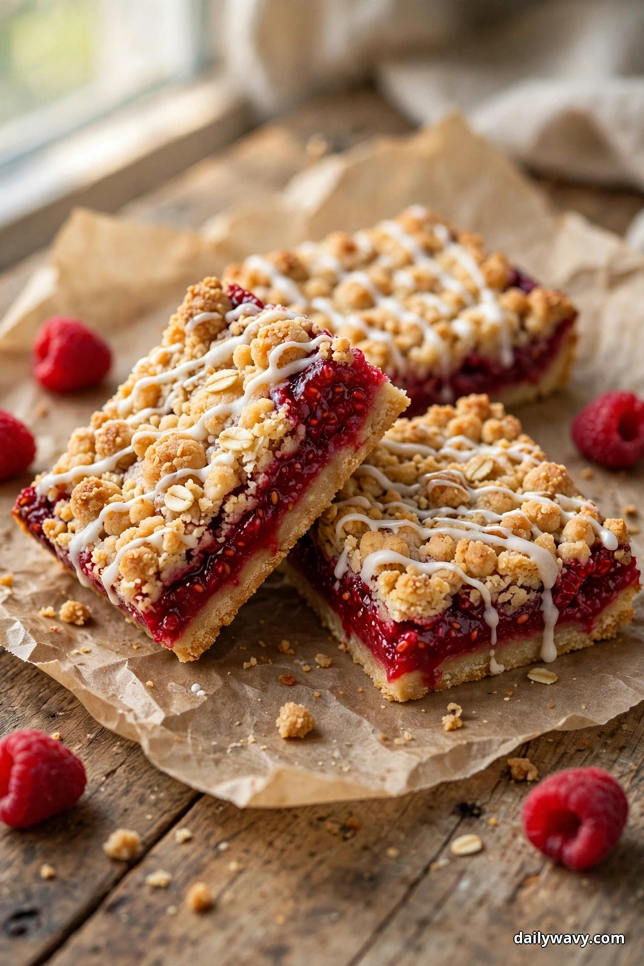 Raspberry crumble bars drizzled with white vanilla glaze rest on crumpled parchment, one bar propped against the others to show the jammy filling