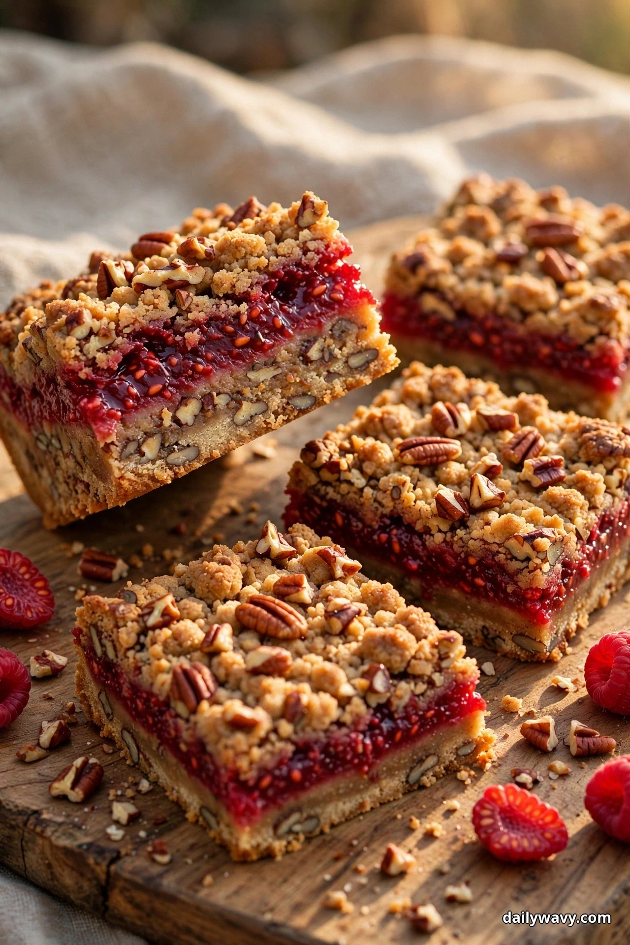 Raspberry crumble bars with toasted pecan pieces scattered through the crumble and ground pecans in the crust rest on a wooden board, one bar propped up to show the layers