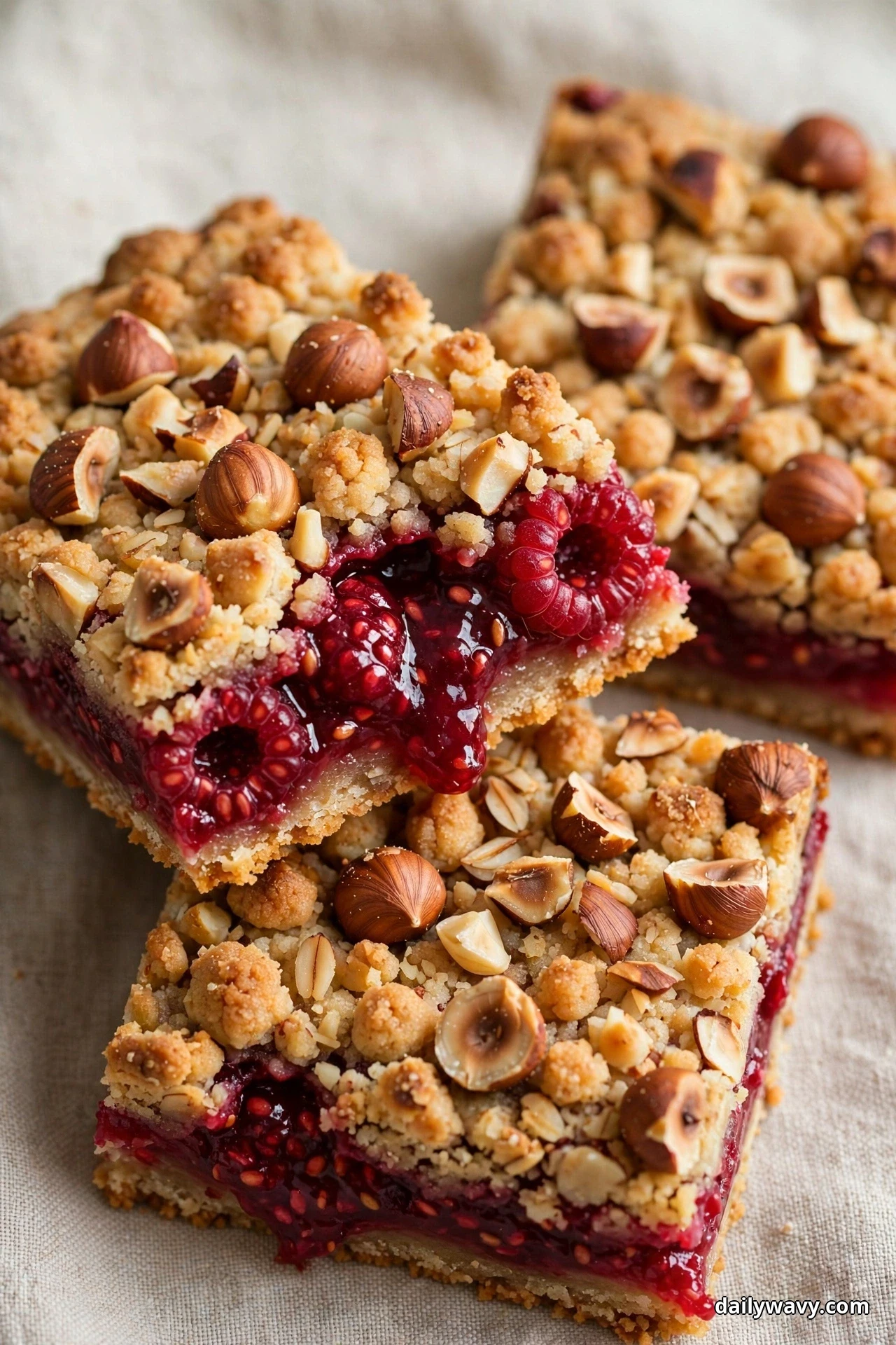 Raspberry crumble bars topped with whole, halved and chopped toasted hazelnuts sit on linen, the jammy filling oozing at the cut edges