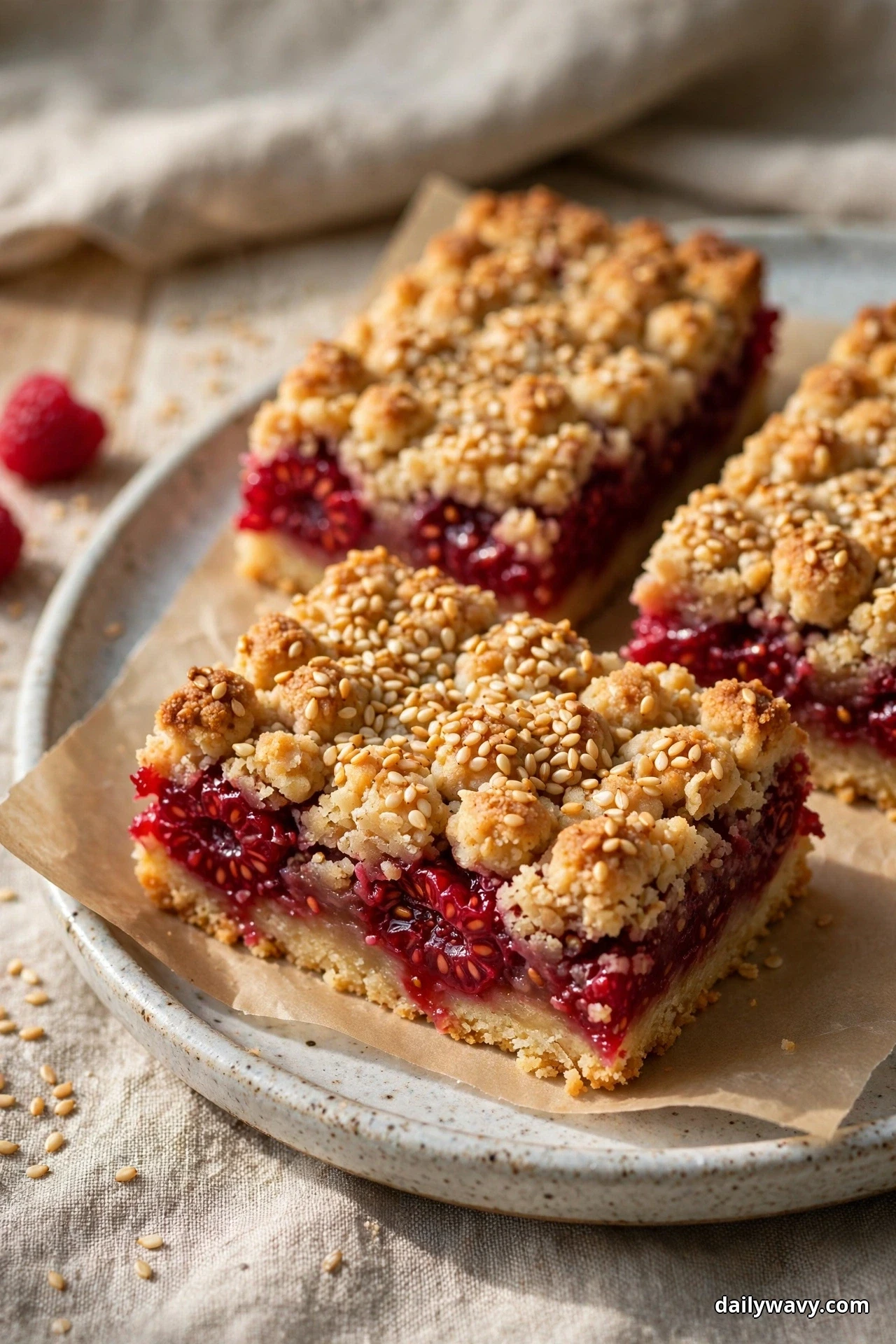 Raspberry crumble bars with toasted sesame seeds scattered through the golden crumble rest on parchment on a speckled ceramic plate