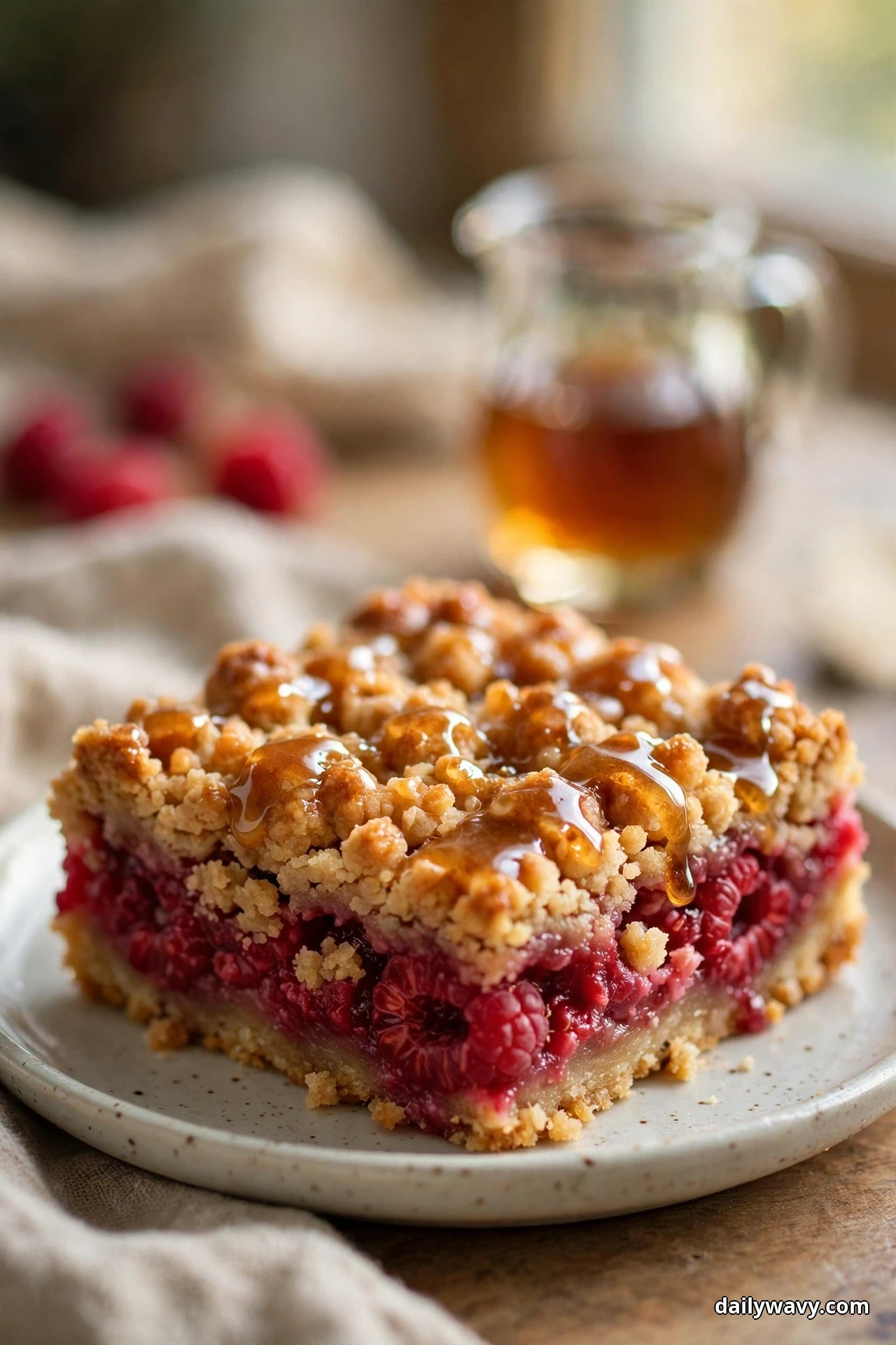 A raspberry crumble bar with glossy maple syrup dripping over its crumble sits on a speckled plate with a small jug of syrup behind it