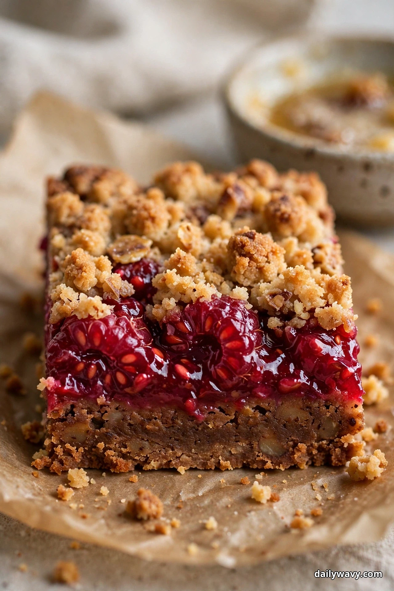 A close view shows a raspberry crumble bar with a deep golden-brown base resting on parchment, whole raspberries glossy in the filling