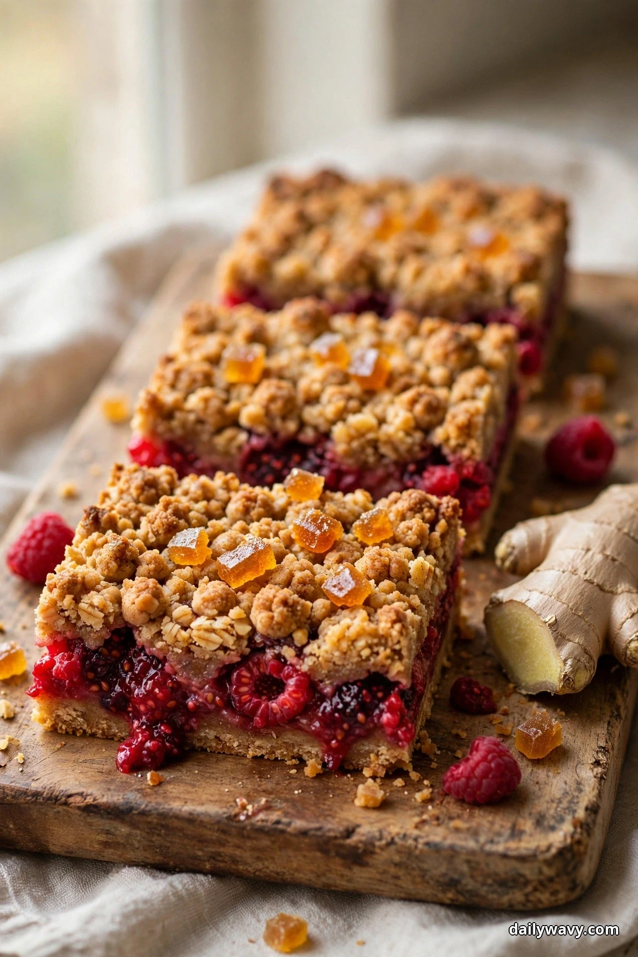 Raspberry crumble bars topped with amber cubes of candied ginger line a wooden board, the filling showing whole raspberries