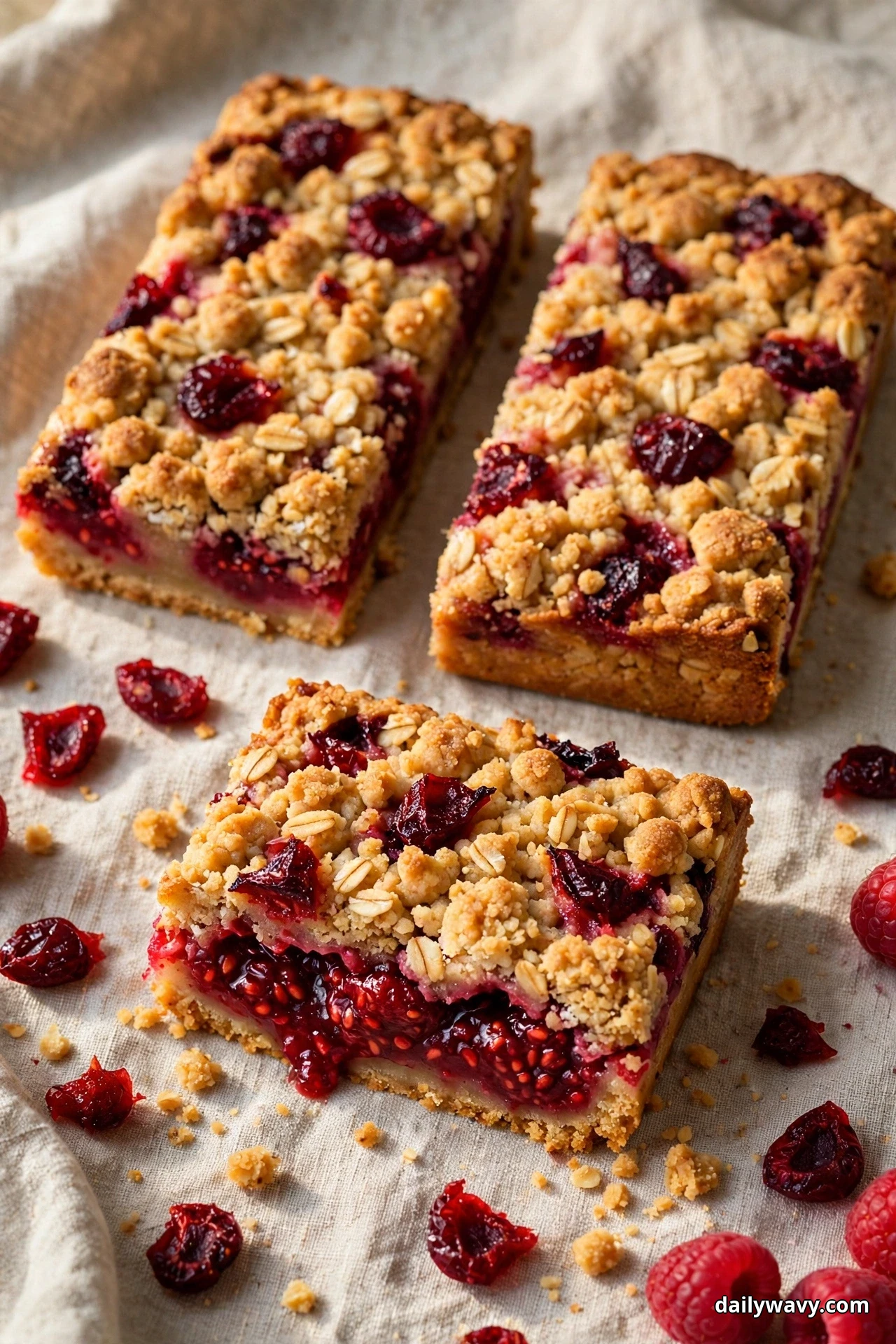 Raspberry crumble bars studded with dark dried cherries rest on linen with more dried cherries scattered around them