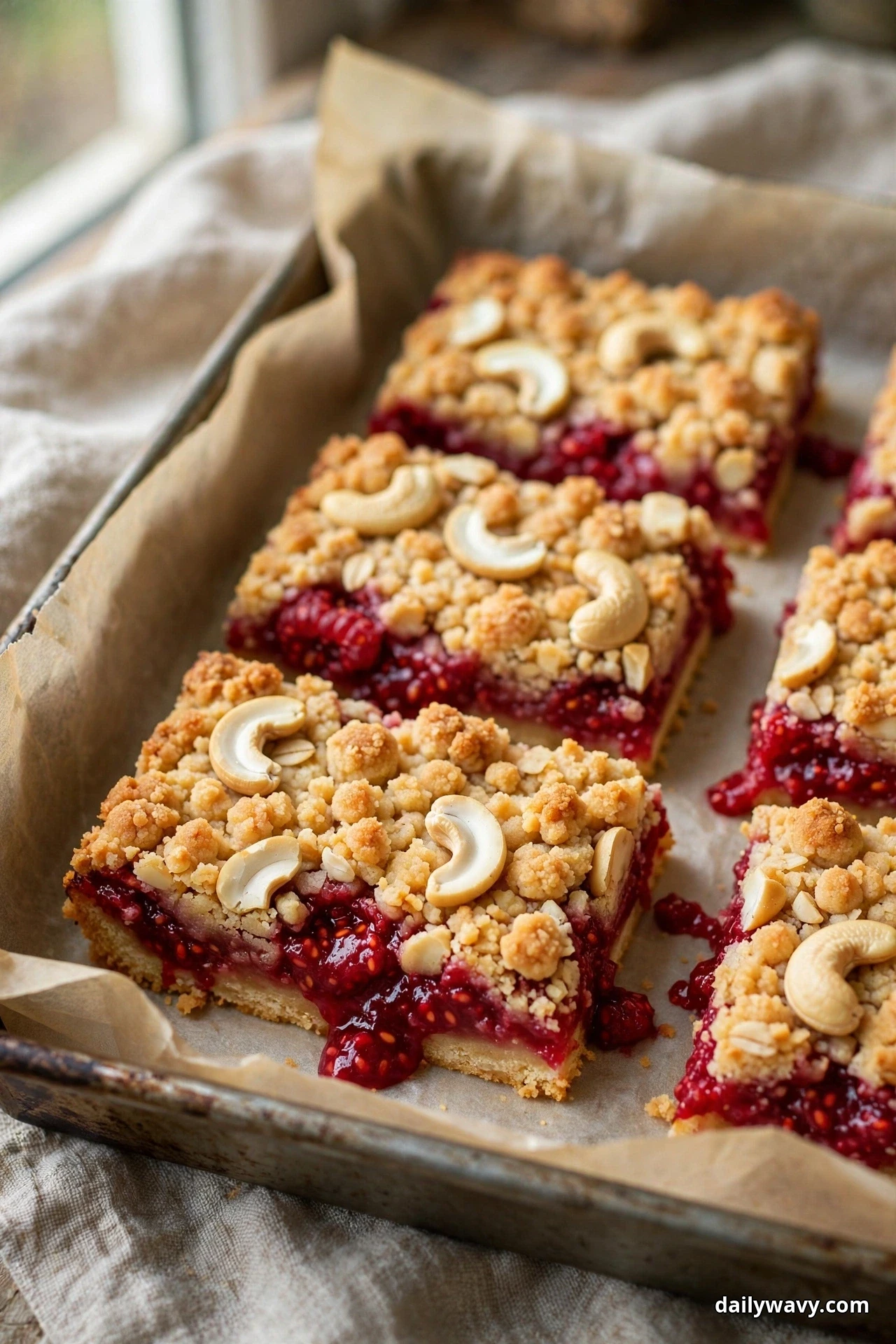 Raspberry crumble bars topped with whole and halved cashews sit in rows in a parchment-lined baking pan
