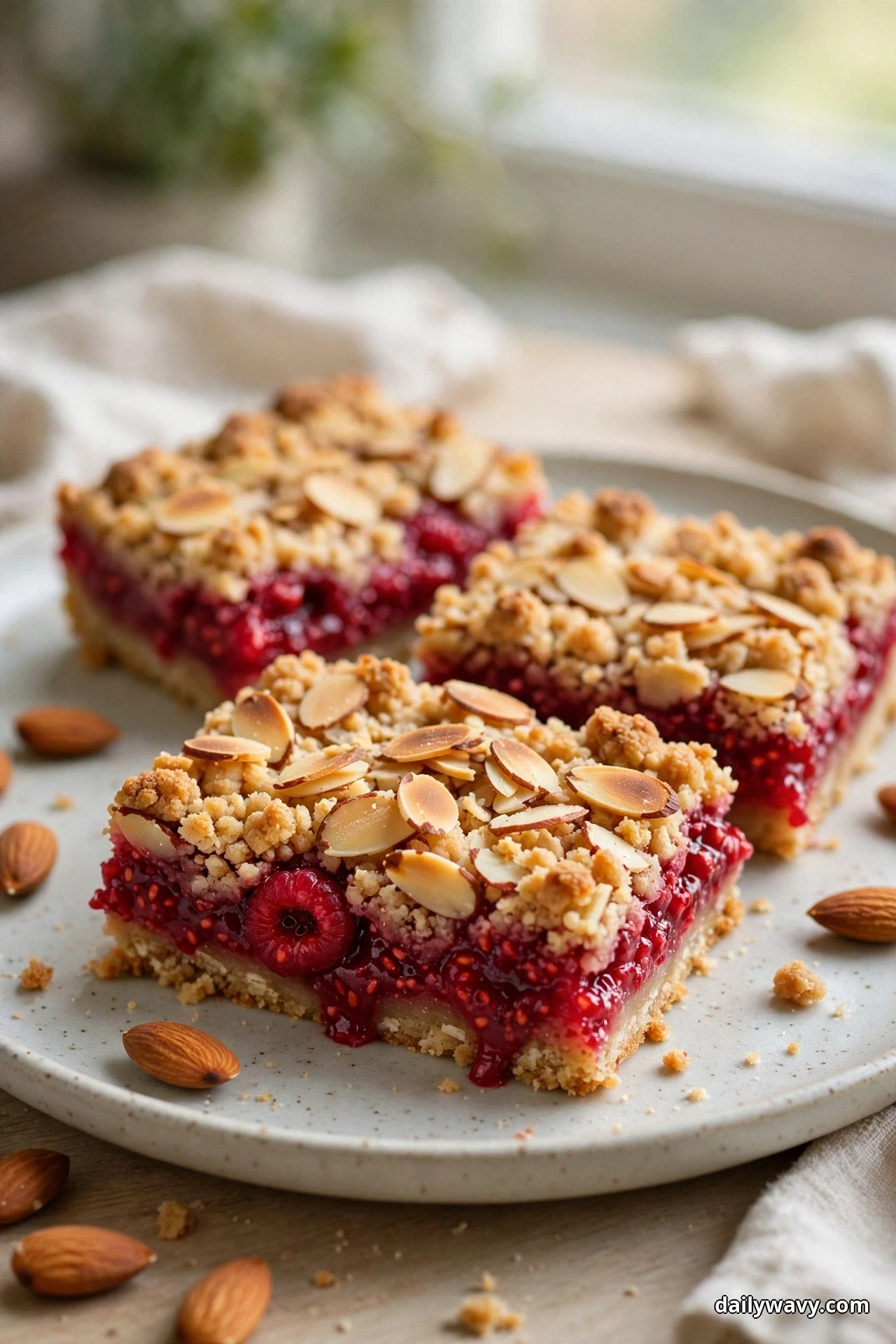 Raspberry crumble bars covered with toasted sliced almonds sit on a speckled plate, the raspberry filling peeking through at the edges
